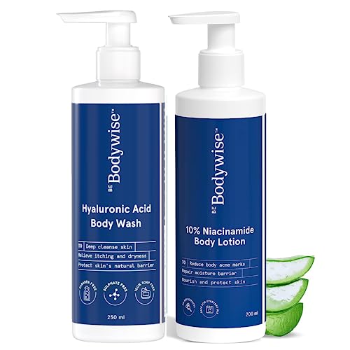 Be Bodywise Body Care Kit for Dry Skin - Hyaluronic Acid Body Wash & 10% Niacinamide Body Lotion Set | Reduces Acne Scars, Itching & Dryness | Deep Hydration Therapy | 450ml | Perfect for Daily Skincare Routine & Post-Workout Recovery