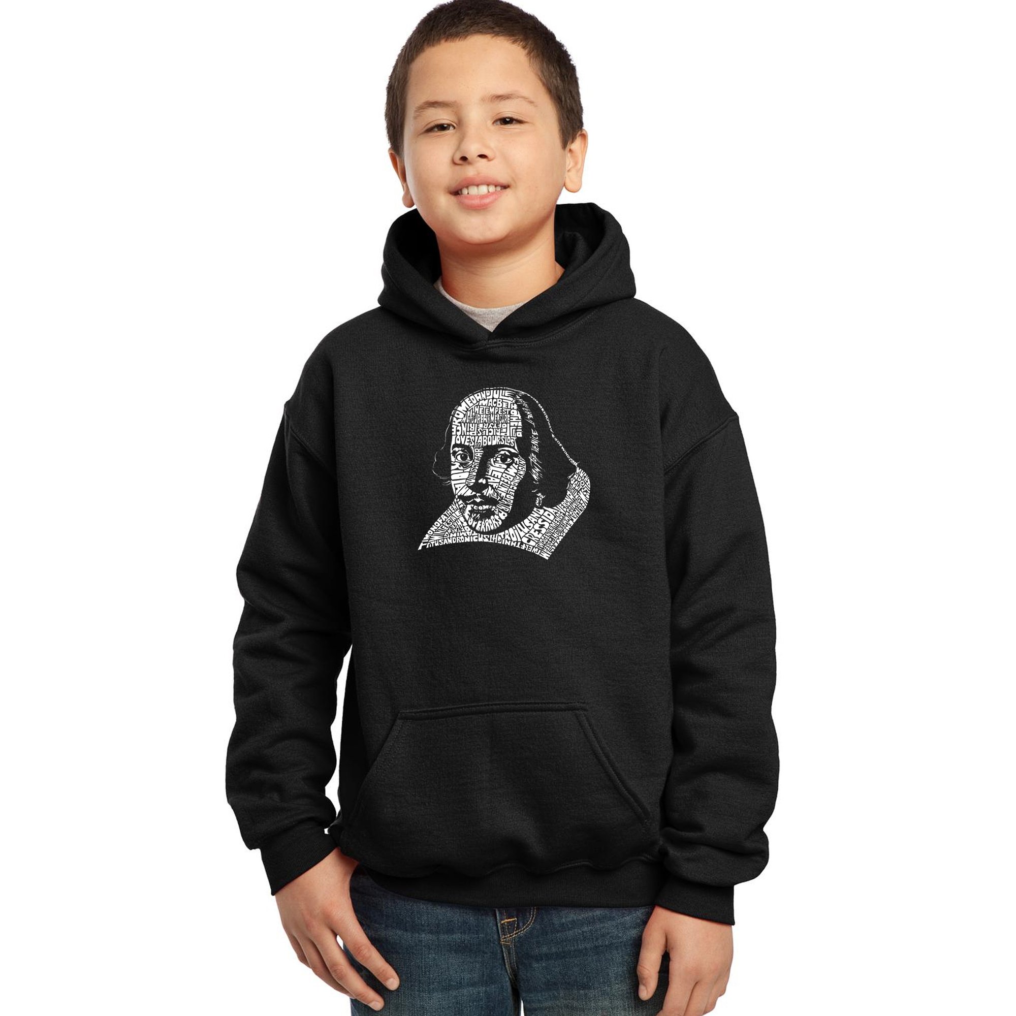 LA POP ART Boys' Shakespeare Word Art Hoodie - All Titles of William Shakespeare's Comedies & Tragedies | Literary Gift for Teens, Book Lovers & Theater Fans