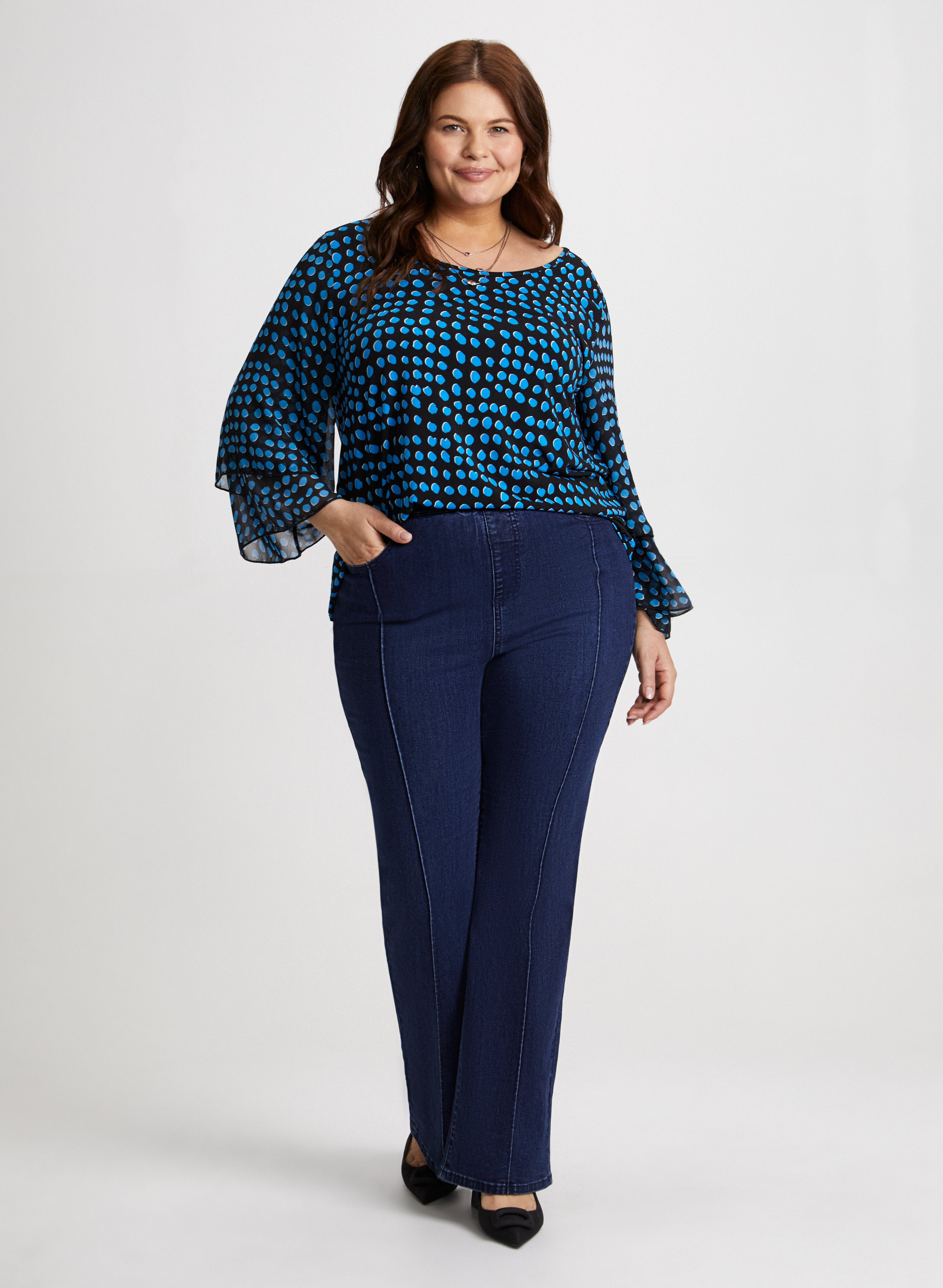 Dot Print Chiffon Sleeve Top & Pull On Bootcut Jeans Set - Women's Floral Blouse and Stretchy Denim Pants Outfit for Casual Wear, Office, and Date Night