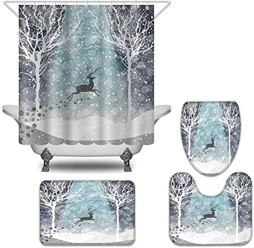 Yizheer 4-Piece Winter Christmas Shower Curtain Set with Non-Slip Bath Rug, Toilet Cover & Mat - Waterproof Haunted House Design Bathroom Decor for Holiday Season - Perfect for Christmas Bathroom Makeover & Cozy Winter Home Decor