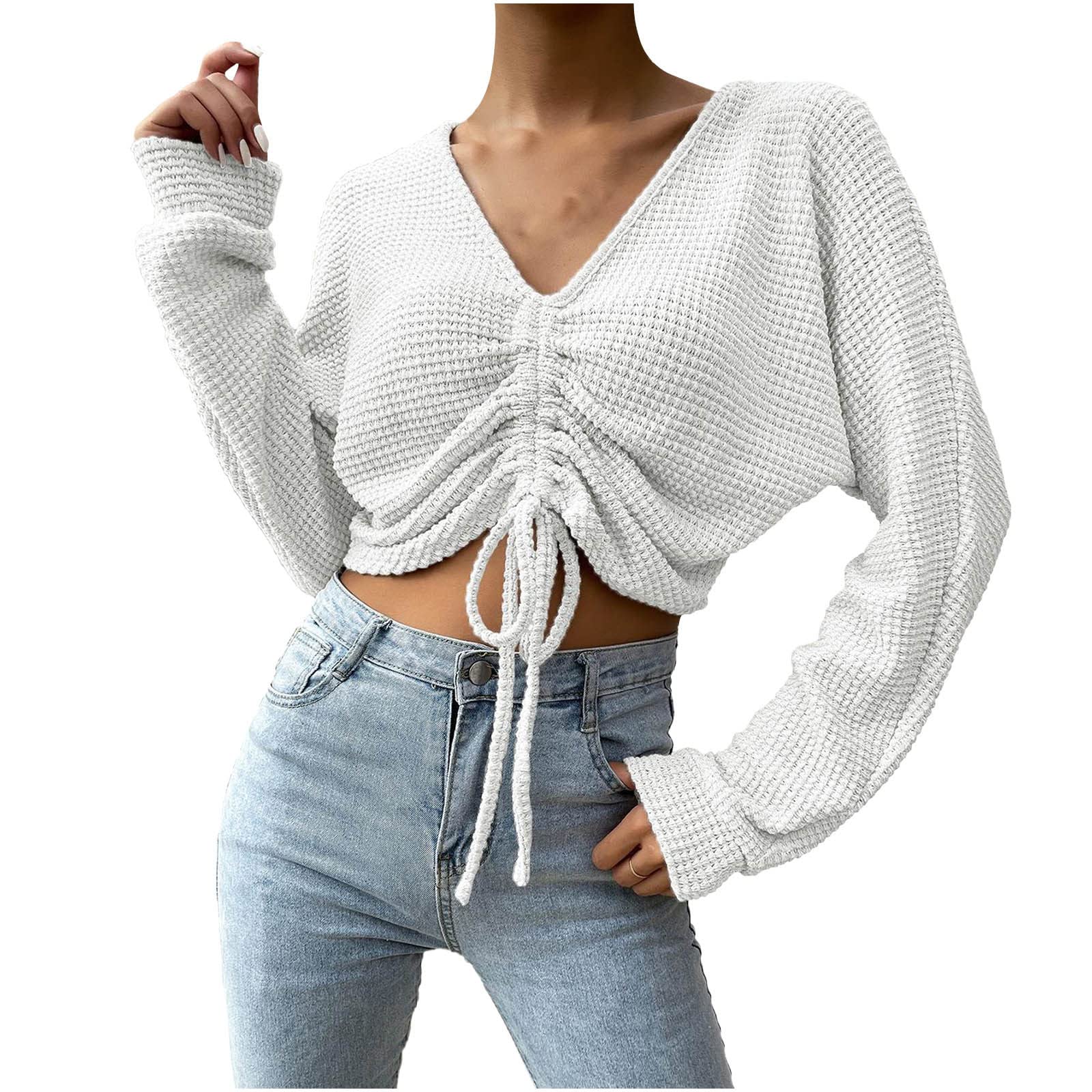Women's Waffle Knit Crop Sweater Long Sleeve V-Neck Pullover - Soft Solid Color Blouse for Casual Wear & Layering | Perfect for Fall Outfits, Date Nights and Coffee Dates