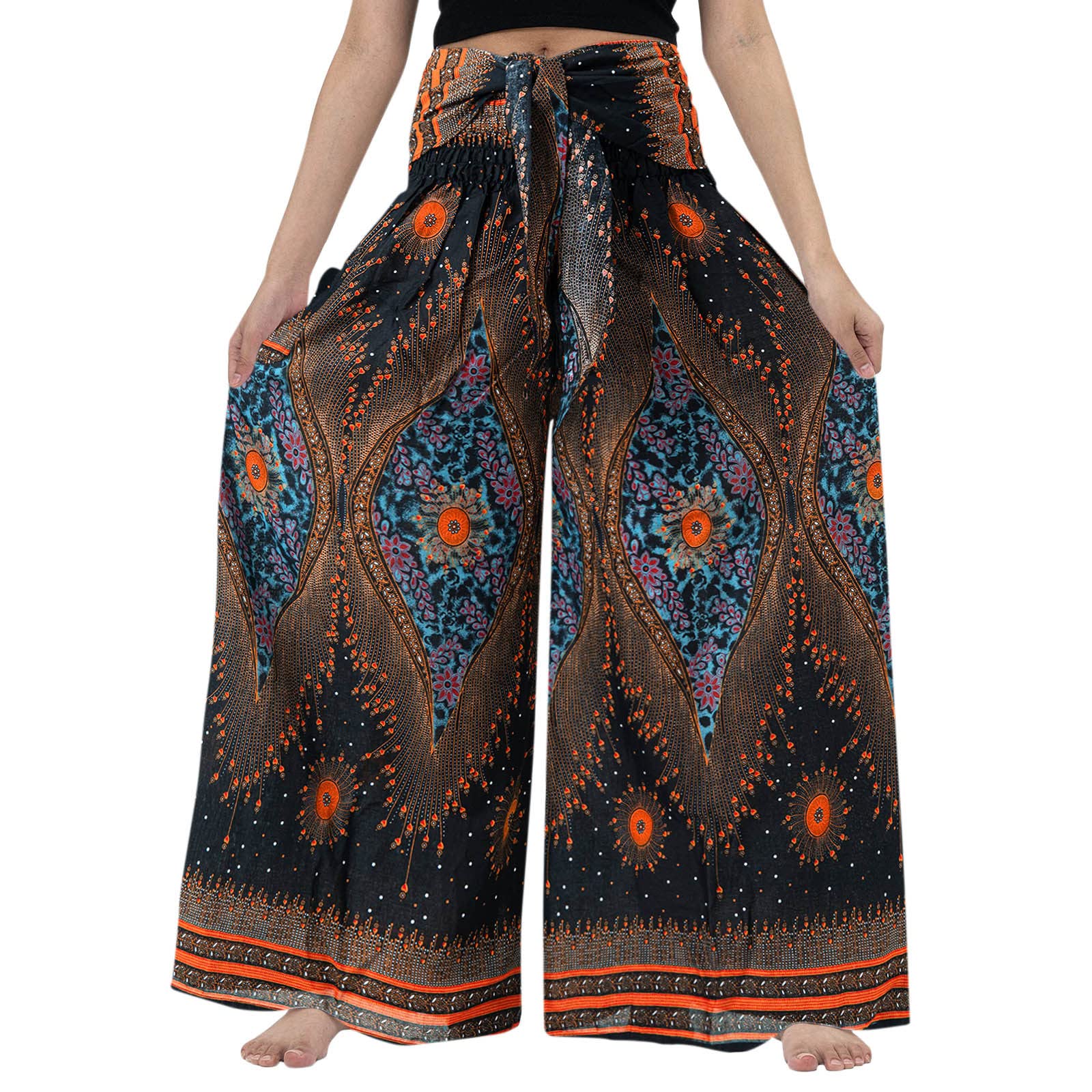Stretchy Boho Women's Casual Wide Leg Lounge Pants with Pockets - Plus Size Loose Fold Over Waist Yoga Print Pants for Relaxing at Home, Travel & Boho Fashion Outfits