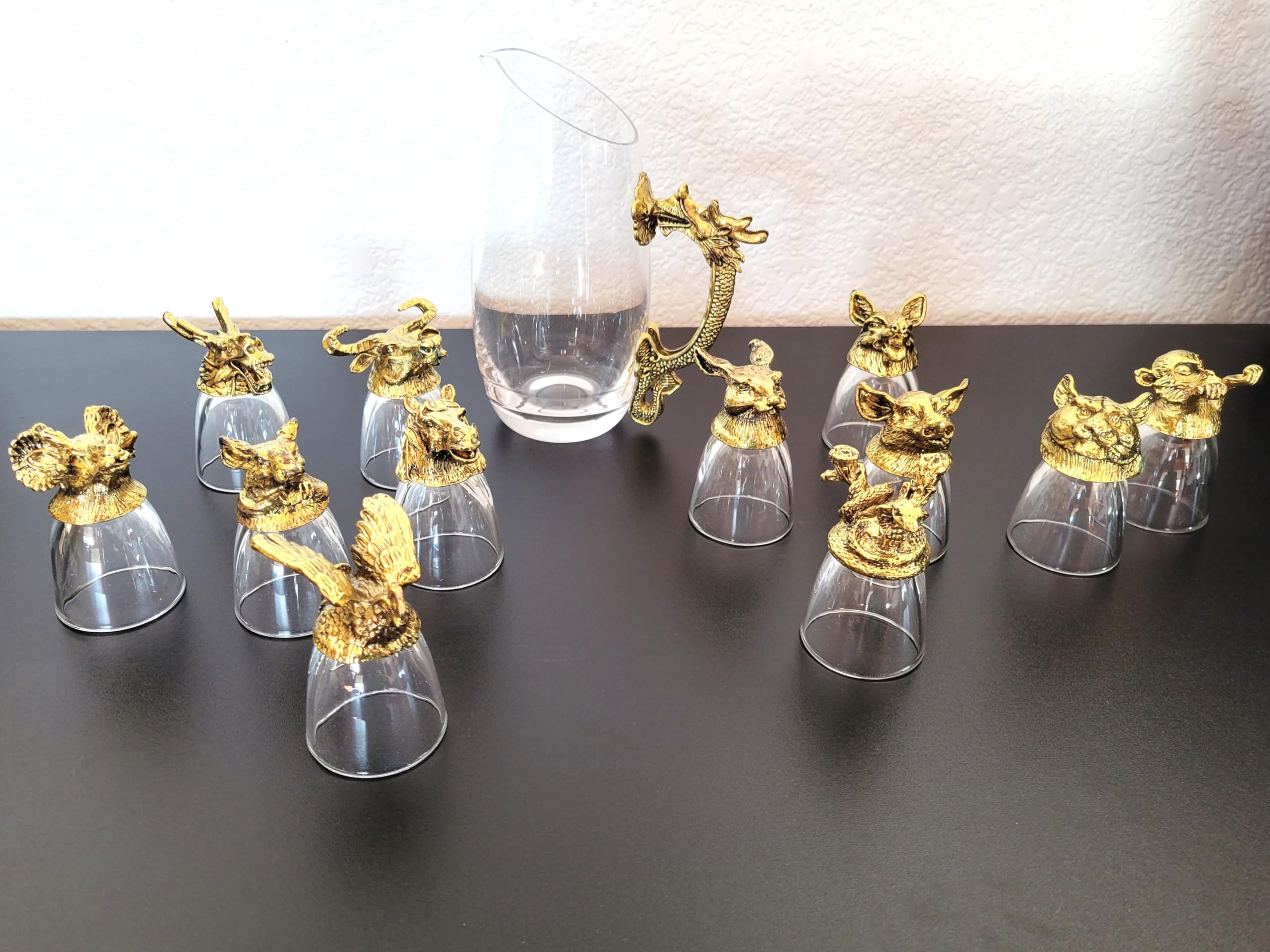 Chinese Zodiac Glass Set - 12 Glasses & Pitcher with Antique Gold Design, Traditional Asian Drinkware Collection for Home Bar, Wedding Gifts & Chinese New Year Celebrations
