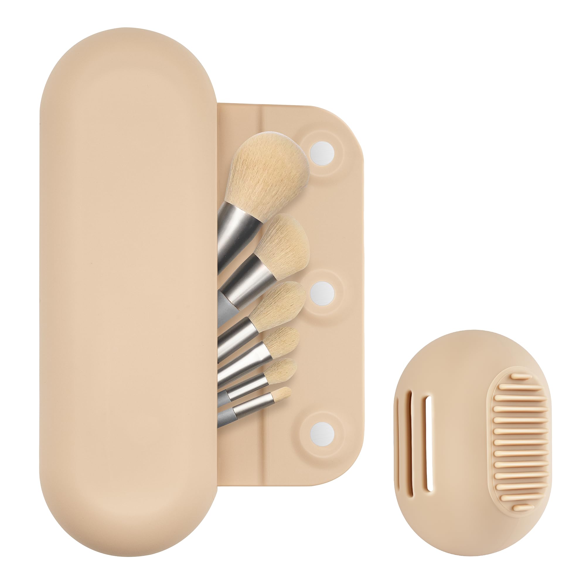 Silicone Makeup Brush Holder & Travel Cosmetic Organizer with Beauty Blender Case - Large Waterproof Makeup Bag for Women | Perfect for Travel, Home Storage & On-The-Go Beauty Essentials (Khaki)