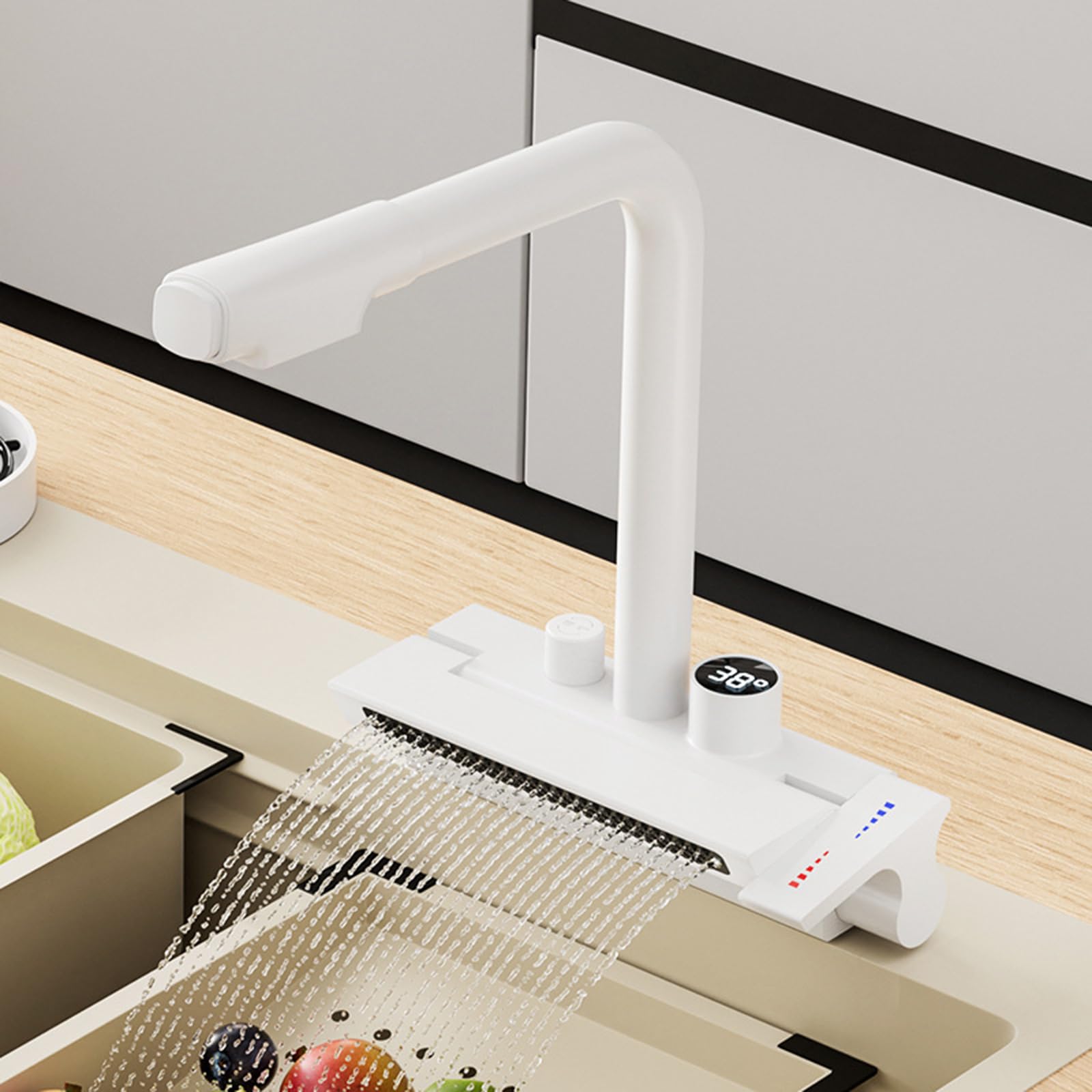 Brass Pull-Out Kitchen Faucet with Waterfall Sprayer & Digital Display - White | Modern Touchless Mixer Sink Faucet for Easy Cooking & Dishwashing