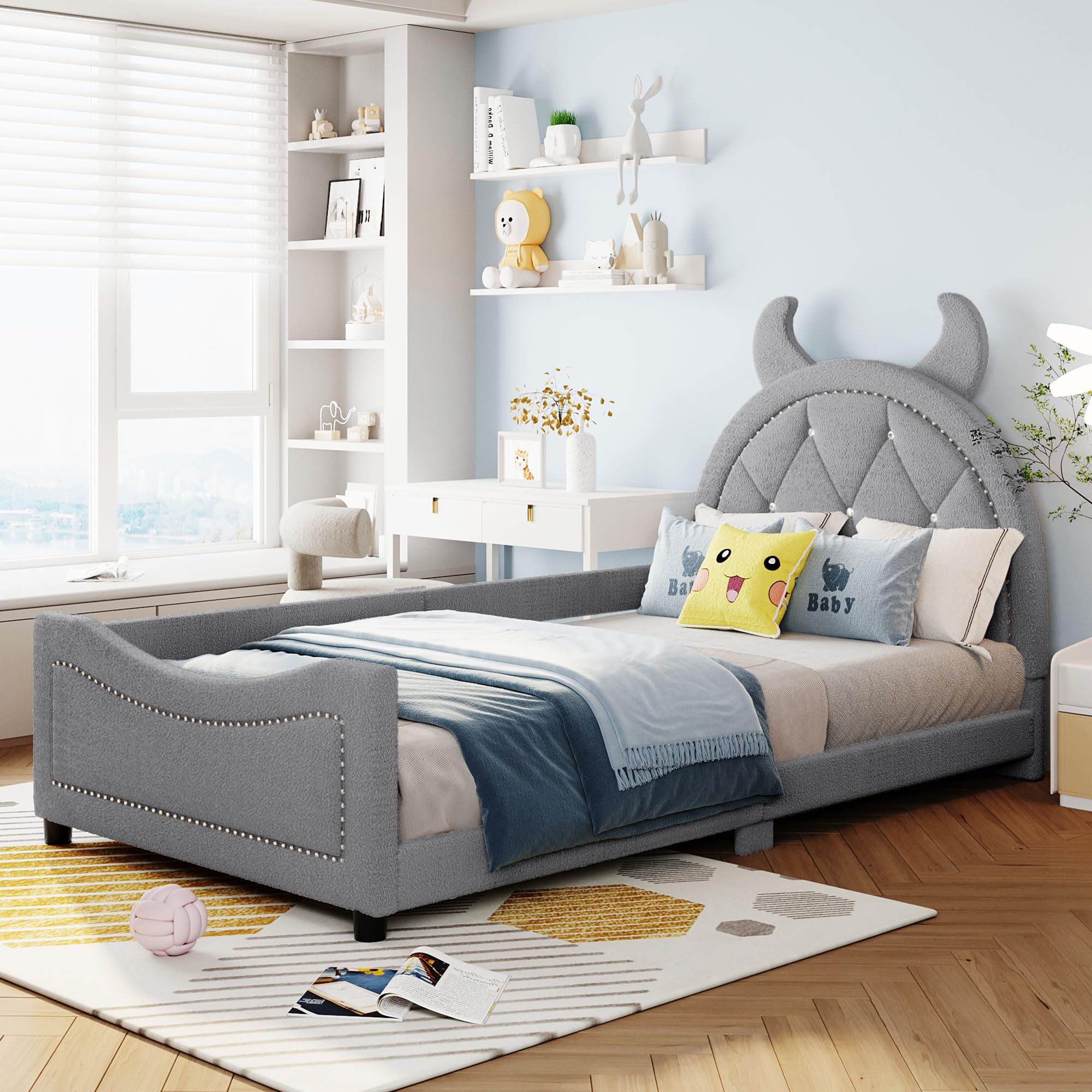Harper & Bright Designs Upholstered Twin Daybed Frame for Kids & Teens - Soft Teddy Fleece Fabric with OX Horn Shaped Headboard - Sturdy Wood Frame for Boys & Girls Bedroom - Grey - Perfect for Sleepovers, Playrooms & Small Spaces