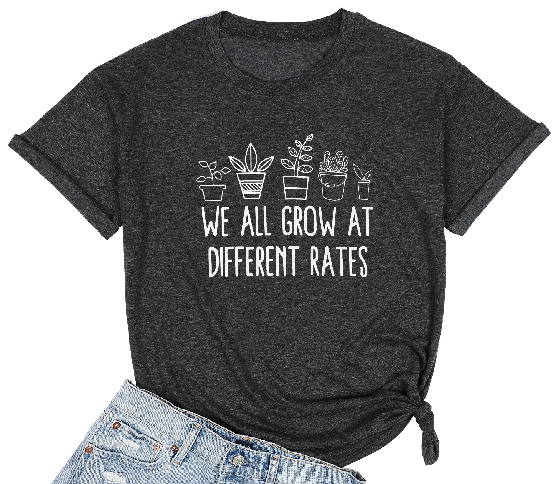 SFHFY Funny Teacher T-Shirt - 'We All Grow at Different Rates' Inspirational Plant Design Special Education Shirt for Women | Perfect for Classroom, Teacher Appreciation & Back to School Outfits
