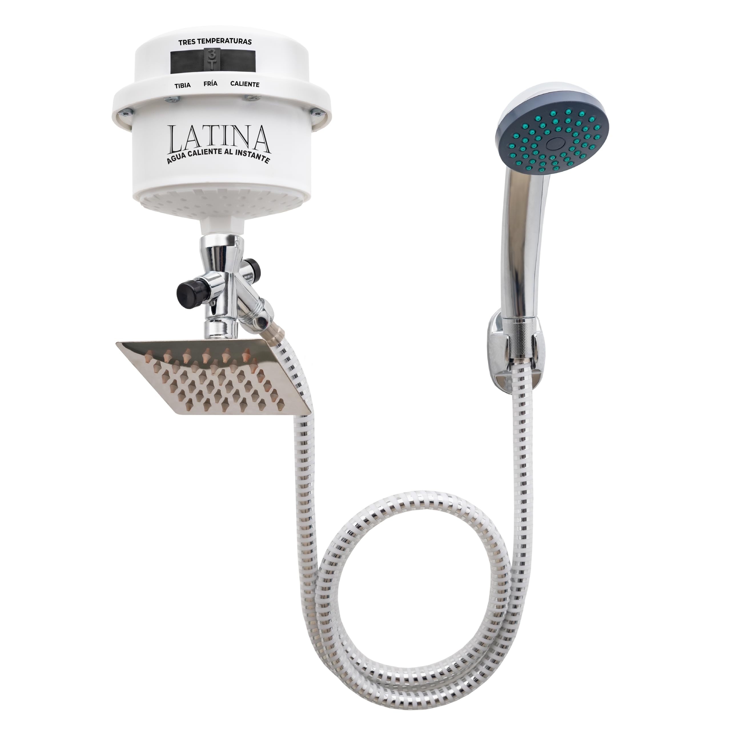 LATINA Tankless Electric Shower Heater with 3-Temperature Settings - Instant Hot Water System with Handheld Shower Head & Square Plate (120V LT13) - Perfect for Bathroom, RV, Camping & Off-Grid Living