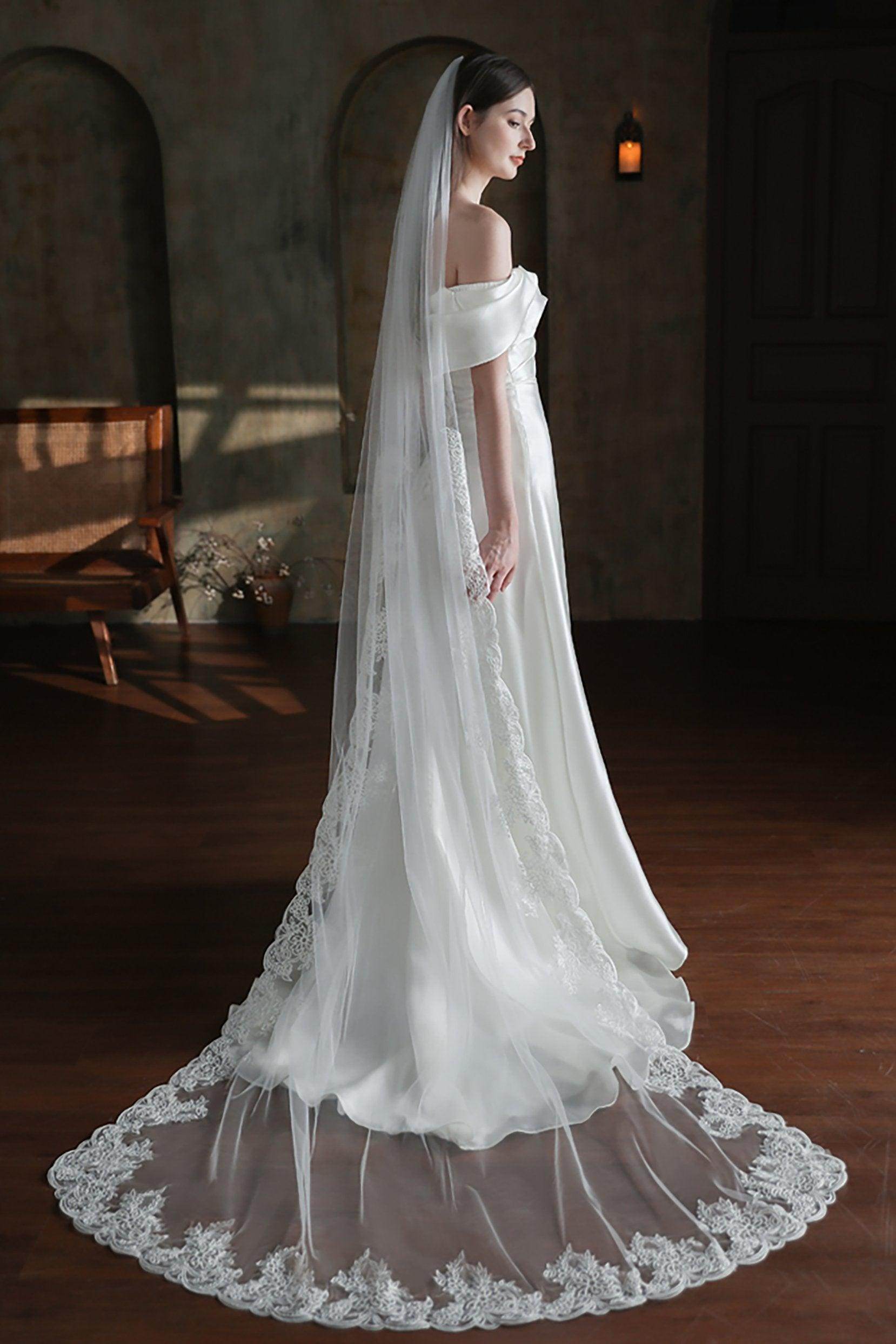 Elegant One-Tier Lace Edge Tulle Chapel Wedding Veil with Appliques CV0317 - Perfect for Bridal Ceremonies, Photos & Romantic Occasions