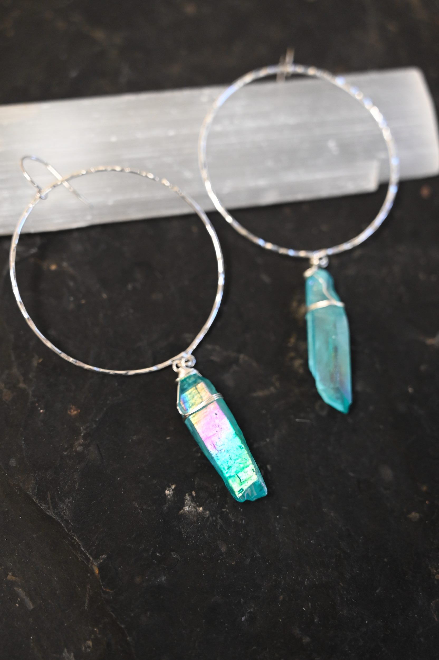 Dreamer Blue Angel Aura Quartz Silver Hoop Earrings for Women - Elegant Healing Crystal Jewelry for Spiritual Protection, Meditation & Everyday Wear