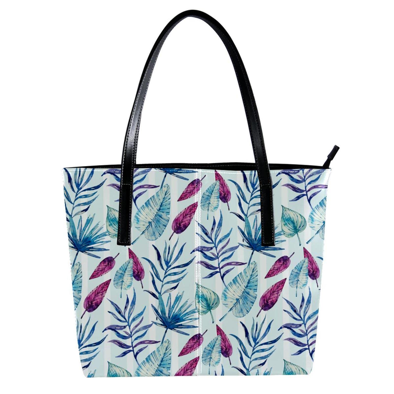 Stylish Women's Leather Handbag - Fashionable Tote Shoulder Bag for Dating, Shopping & Daily Use | Blue & Pink Tropical Leaf Design | Perfect for Work, Travel & Special Occasions