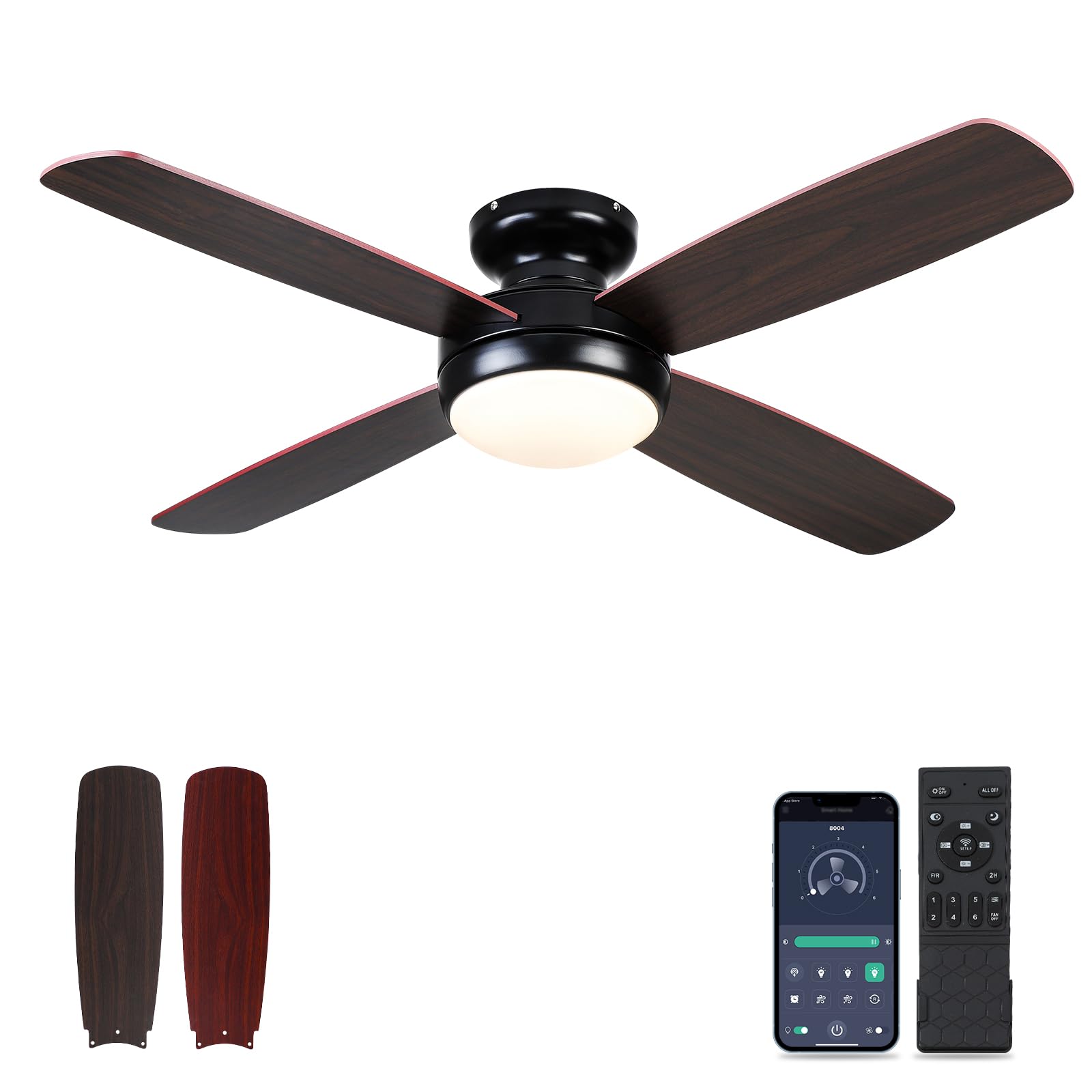 Asyko 52 Inch Black Modern Flush Mount Ceiling Fan with Light Kit & Remote Control, Dual-Sided Reversible Blades, Memory Function - Low Profile Indoor/Outdoor Ceiling Fan for Bedroom, Living Room, Patio