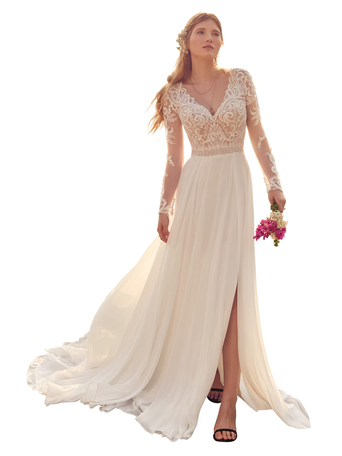 TIRAS Women's Bohemian Lace Beach Wedding Dress 2023 - Appliqued Bridal Gown for Beach Ceremony (Style CM001) | Perfect for Destination Weddings, Beach Elopements & Summer Bride Fashion