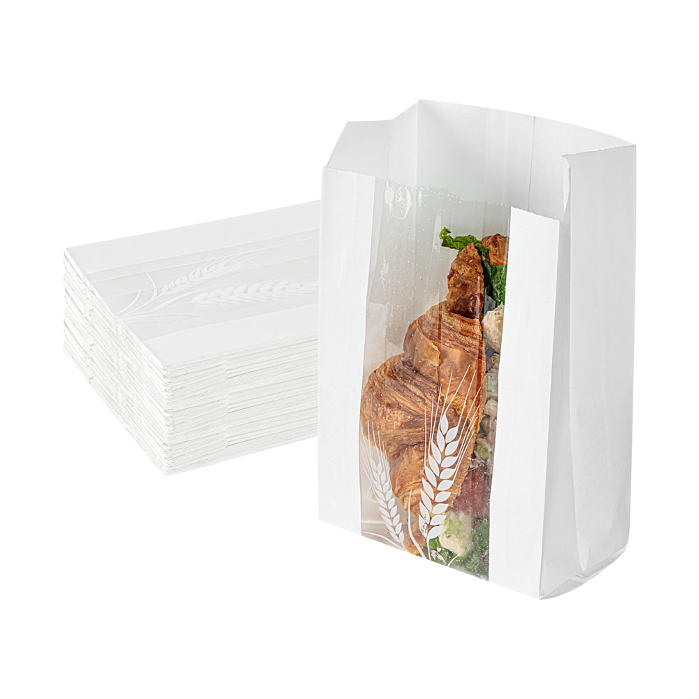 White Paper Bread Bags - Micro Perforated, Greaseproof, Wheat Pattern (4.75