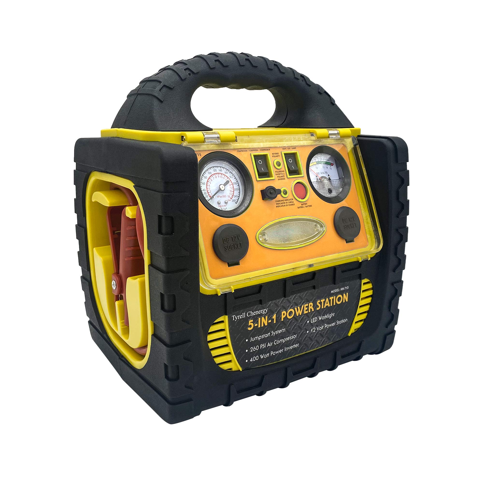 Portable Car Jump Starter with 260 PSI Air Compressor, 400W Power Inverter, Dual AC Outlets & USB Port - Emergency Power Station for Cars, Trucks, RVs - Includes Battery Clamps & Jump Box (Yellow)
