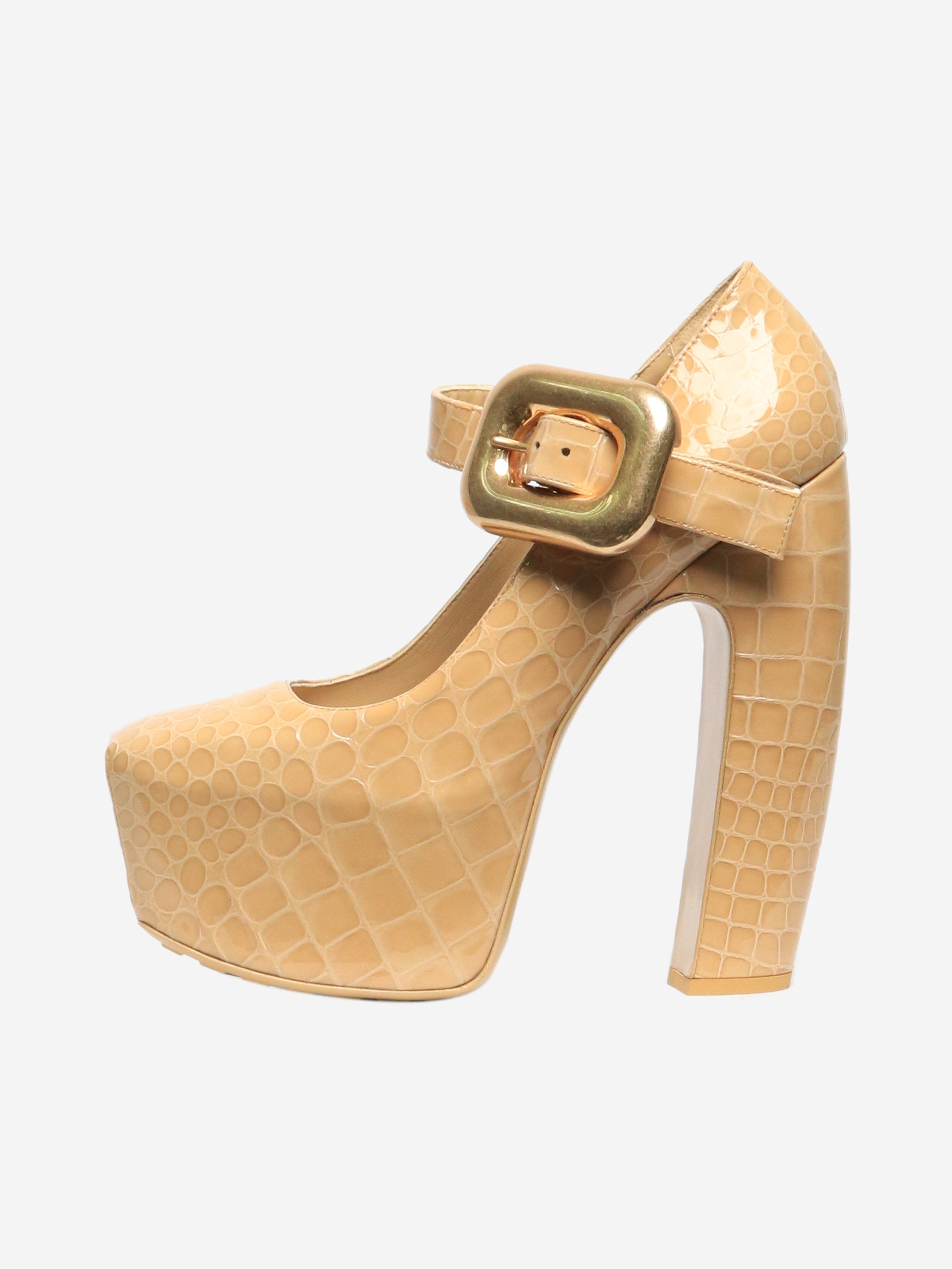 Bottega Veneta Beige Patent Leather Snake Effect Platform Heels Women's Shoes Size EU 39 (UK 6) - Perfect for Evening Parties, Weddings & Special Occasions