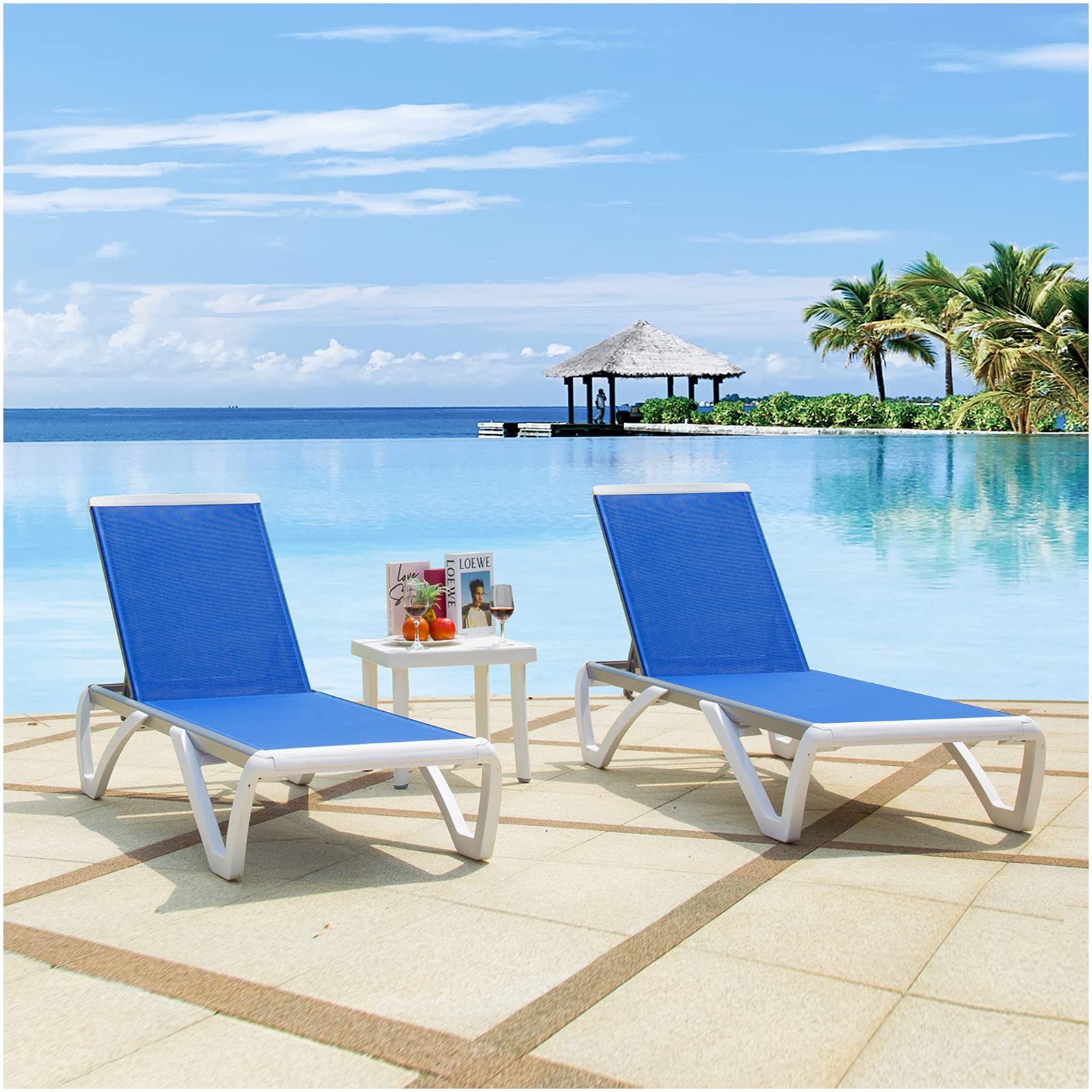 DOMI Outdoor Chaise Lounge - Adjustable Aluminum Patio Lounge Chair with Side Table, 2-Piece Blue Plastic Poolside Sunbathing Set for Backyard, Beach & Resort Relaxation