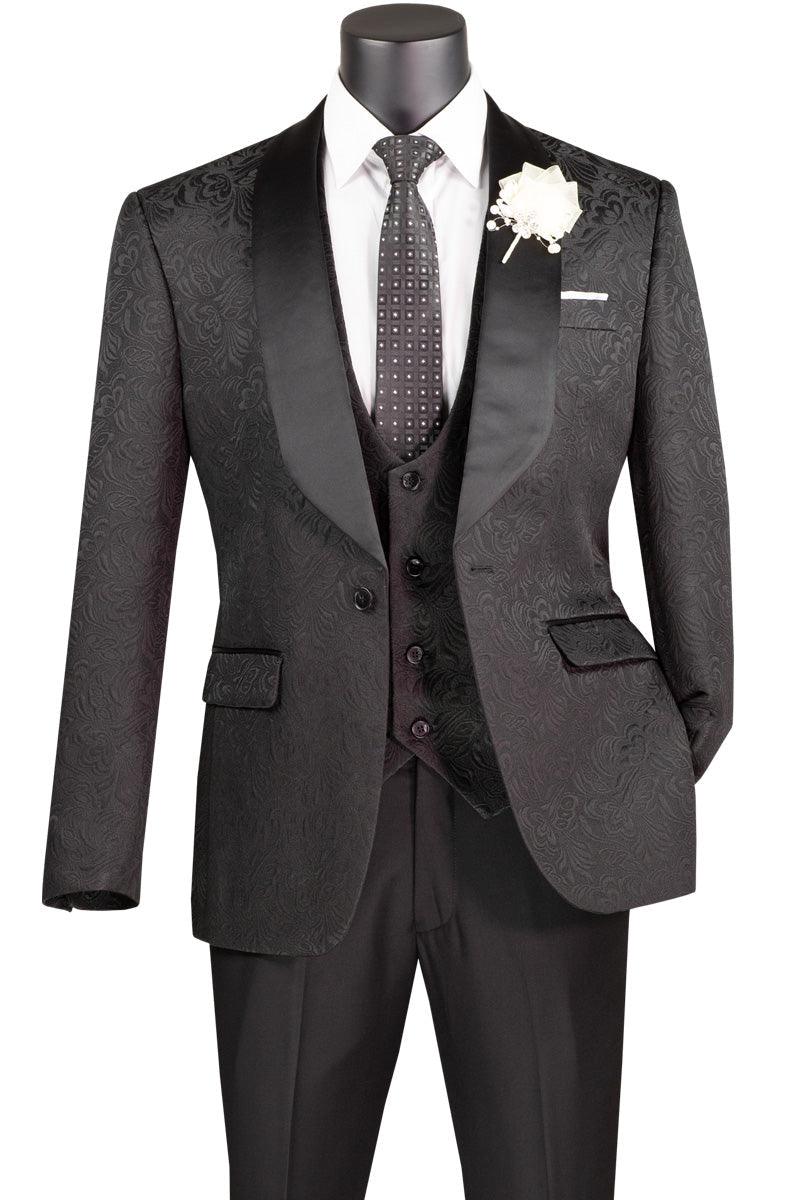 Black Jacquard Slim Fit Tuxedo Suit 3-Piece Set for Men - Formal Wedding, Prom & Special Occasion Wear