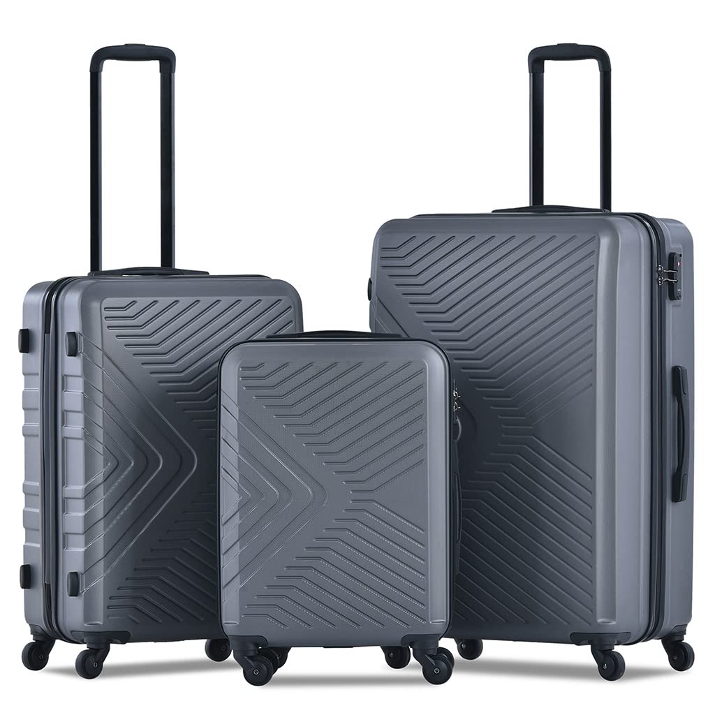 3 Piece Lightweight ABS Luggage Set with TSA Lock, Spinner Wheels & Adjustable Handle - 20/24/28 Inch Carry On Suitcases (Gray) - Perfect for Air Travel, Business Trips & Family Vacations