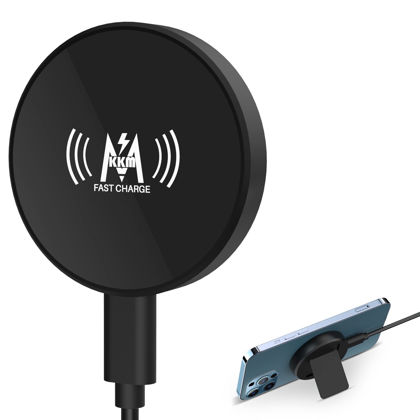 KKM Magnetic Wireless Charger 15W Qi Fast Charging Pad - Compatible with MagSafe, iPhone 14/13/12 Series, AirPods Pro 2 | Perfect for Home, Office & Car Use (Adapter Not Included)
