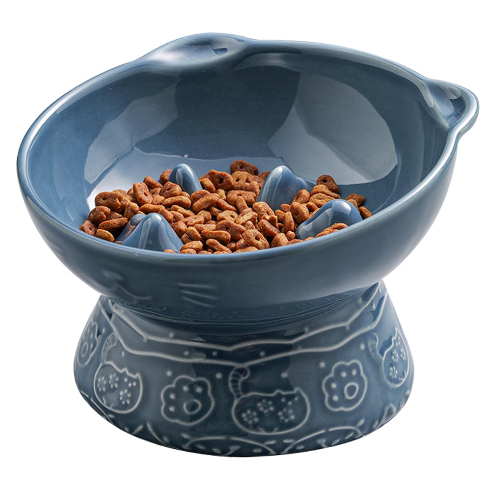 Ceramic Cat Slow Feeder Bowl - Elevated Tilted Design for Healthy Eating, Prevents Black Chin in Cats & Dogs - Perfect for Dry and Wet Food (Blue) - Ideal for Fast Eaters & Digestive Health at Home
