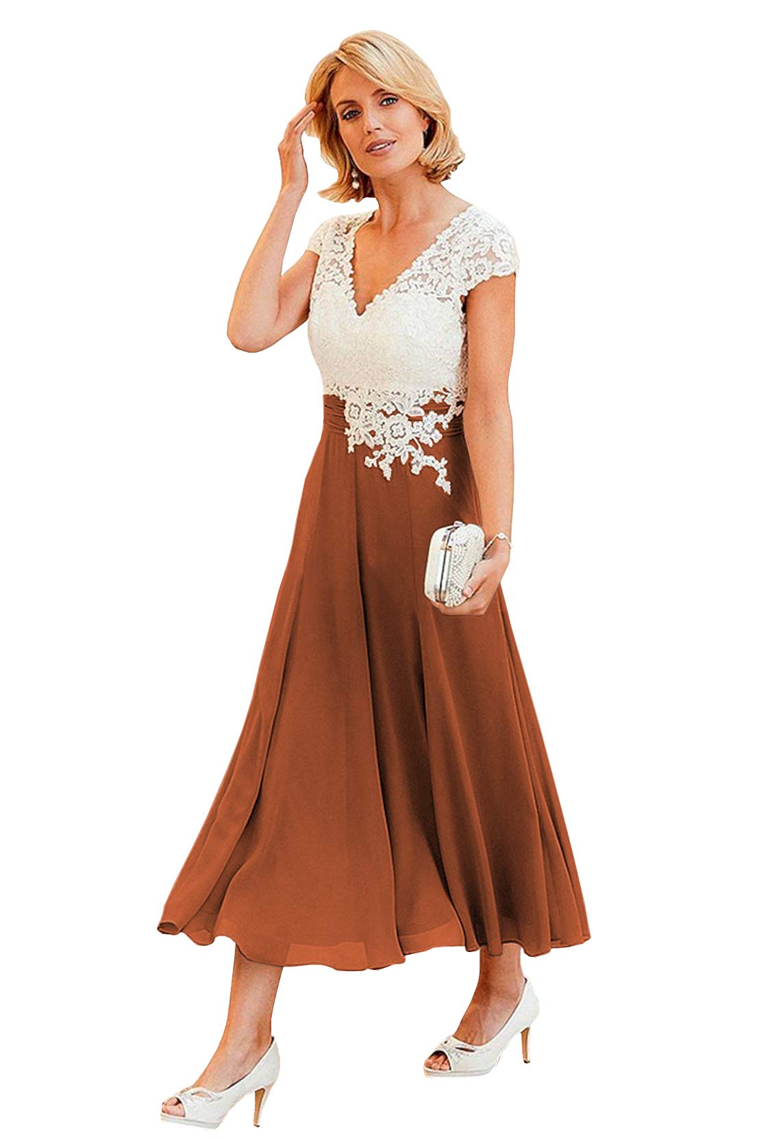 Elegant V-Neck Lace Mother of The Bride Dress - Tea Length Chiffon A-Line Formal Wedding Gown for Women | Perfect for Weddings, Receptions, and Special Occasions