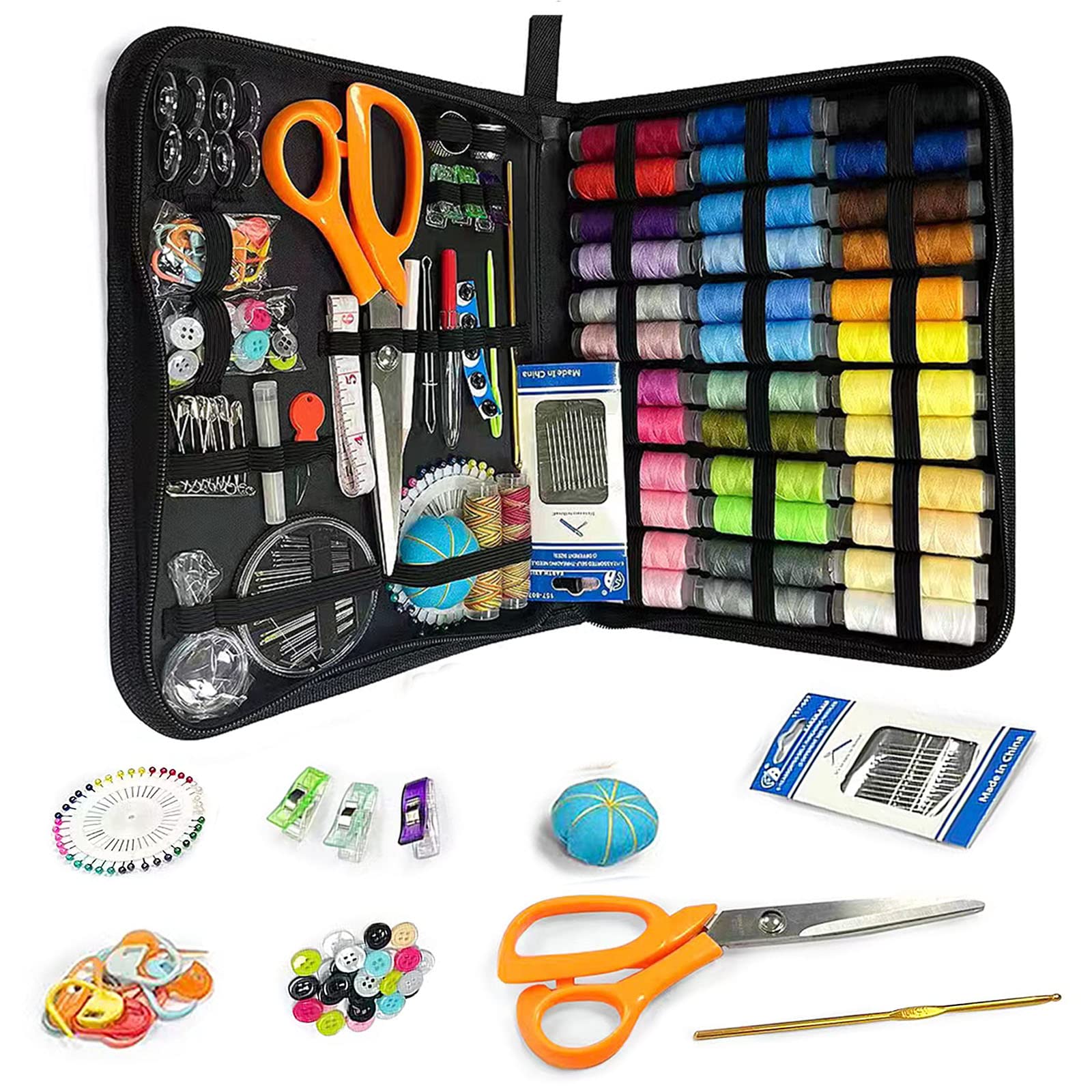 JUNING Complete Sewing Kit with Case - 50+ Sewing Supplies for Home, Travel & Emergency Repairs | Includes Thread Spools, Needles, Scissors, Thimble & Tape Measure | Perfect for DIY Crafts, Clothing Repairs & Emergency Fixes