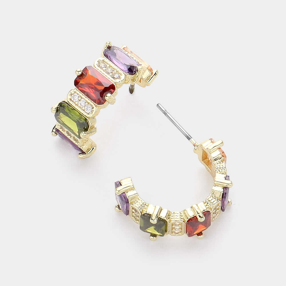 14K Gold Plated Multi Color CZ Cluster Hoop Earrings for Women | Elegant Evening Party Jewelry | Perfect for Weddings, Prom, Date Night & Special Occasions