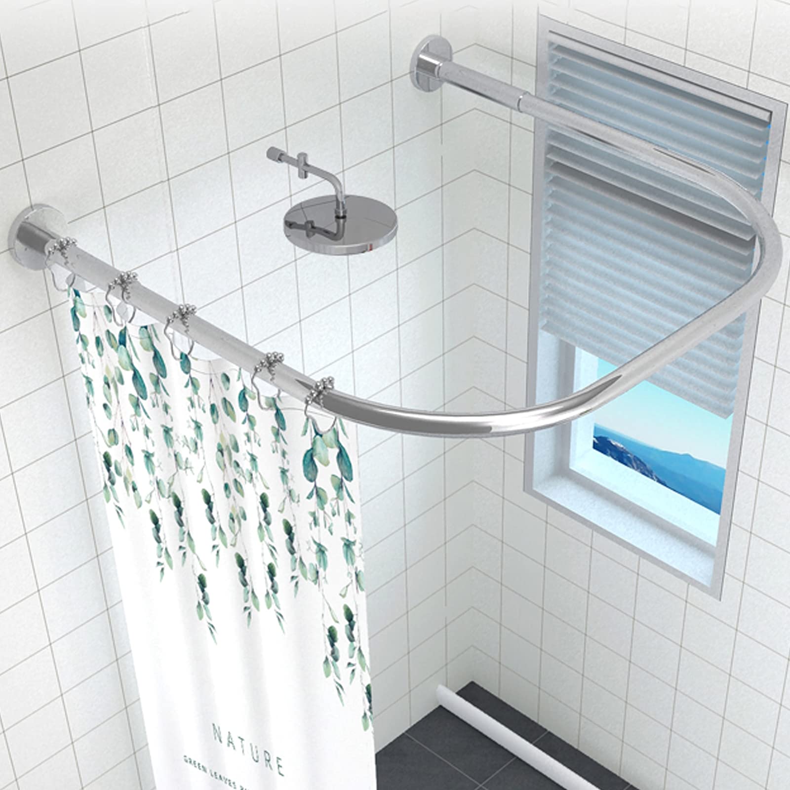 DFANCE U-Shaped Stainless Steel Tension Shower Curtain Rod - No Drilling Corner Bathroom Rail Bar (70-95cm Extendable) for Small Spaces & Corner Showers - Perfect for Apartments, RVs & Bathroom Renovations