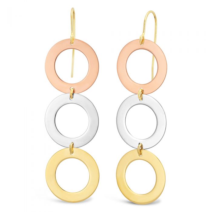 9ct Gold Three-Tone Fancy 3x Circle Drop Hook Earrings for Women - Elegant Dangle Jewelry for Party, Wedding & Everyday Wear