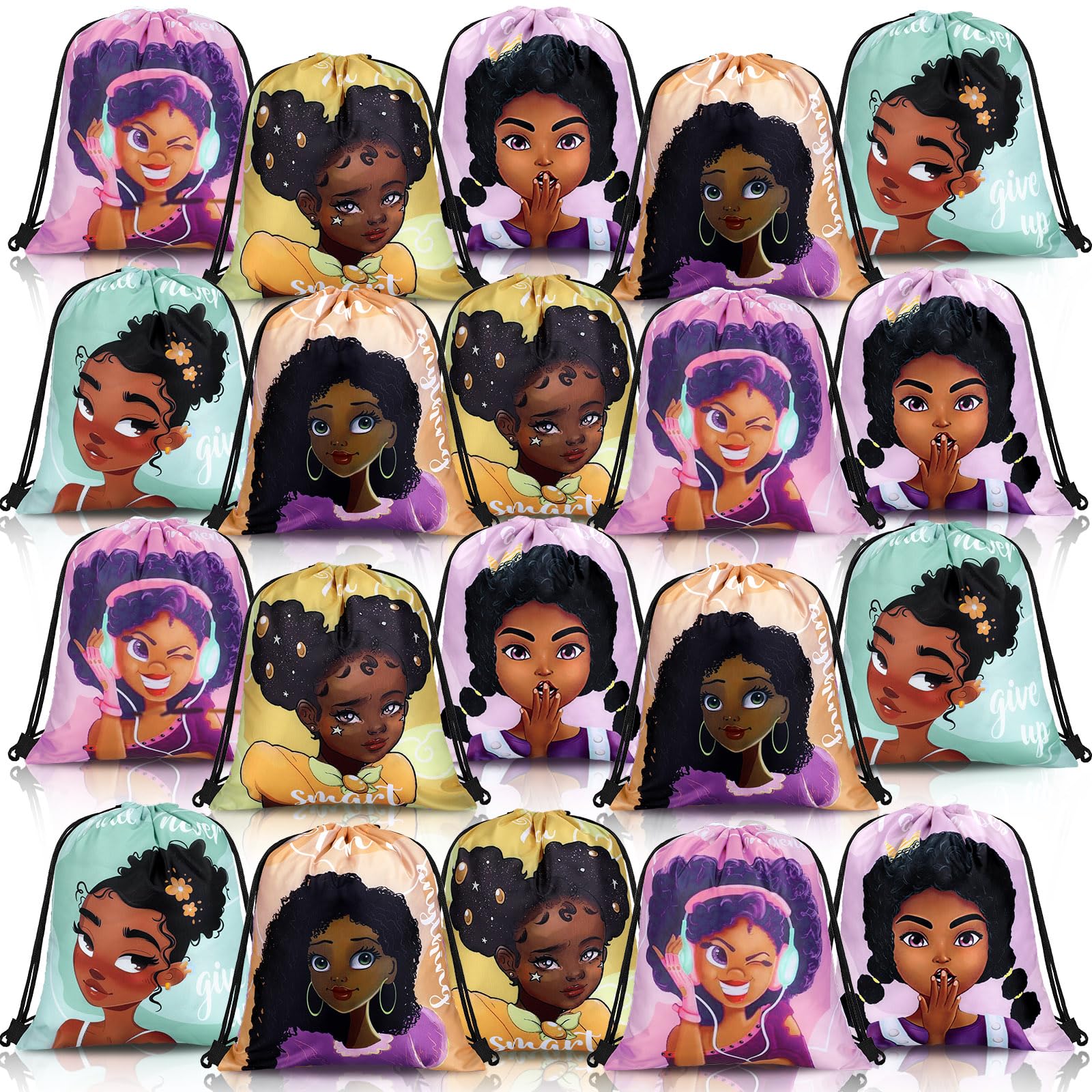 18-Piece Black Girl Kids Party Favor Drawstring Bags - African American Themed Backpacks for Birthday Gifts, School Supplies & Party Favors - Perfect for Birthday Parties, Classroom Rewards & Special Events