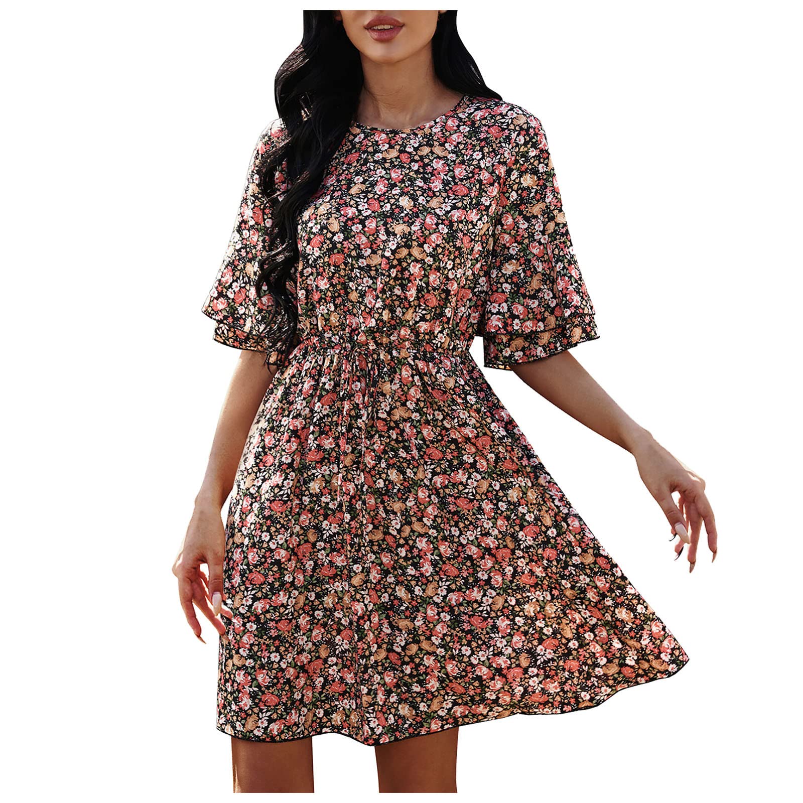 Women's Summer Sundresses 2023 - Bohemian Crewneck Loose Half Sleeve Ruffled Mini Dress with Square Neck & Puff Elbow Sleeves | Beach Vacation, Outdoor Party & Casual Wear
