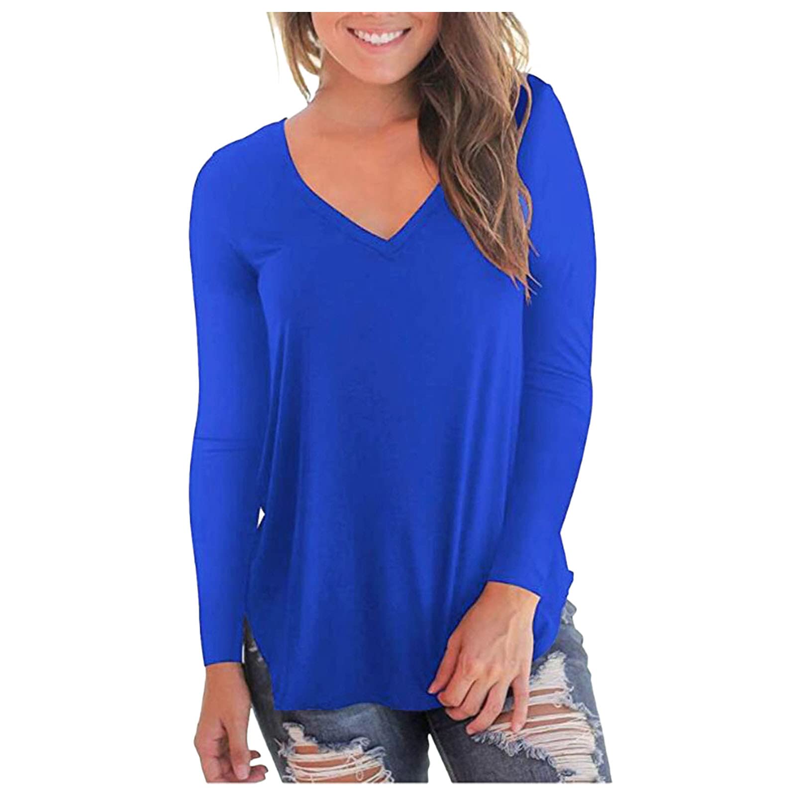 Women's Casual Long Sleeve V-Neck T-Shirts - Solid Color Loose Fit Basic Tops for Fall | Comfortable Everyday Wear, Layering & Outfit Styling