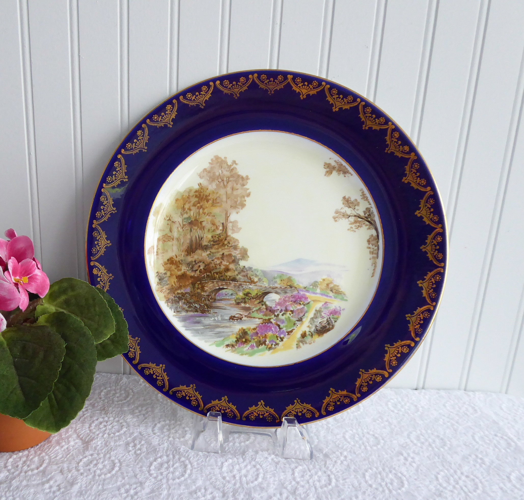 Vintage Shelley Dinner Plate 10.75 Inch - Heather Blue with Gold Overlay, Mid Century Modern Fine China for Elegant Dining & Collectors (1950s Retro Dinnerware)