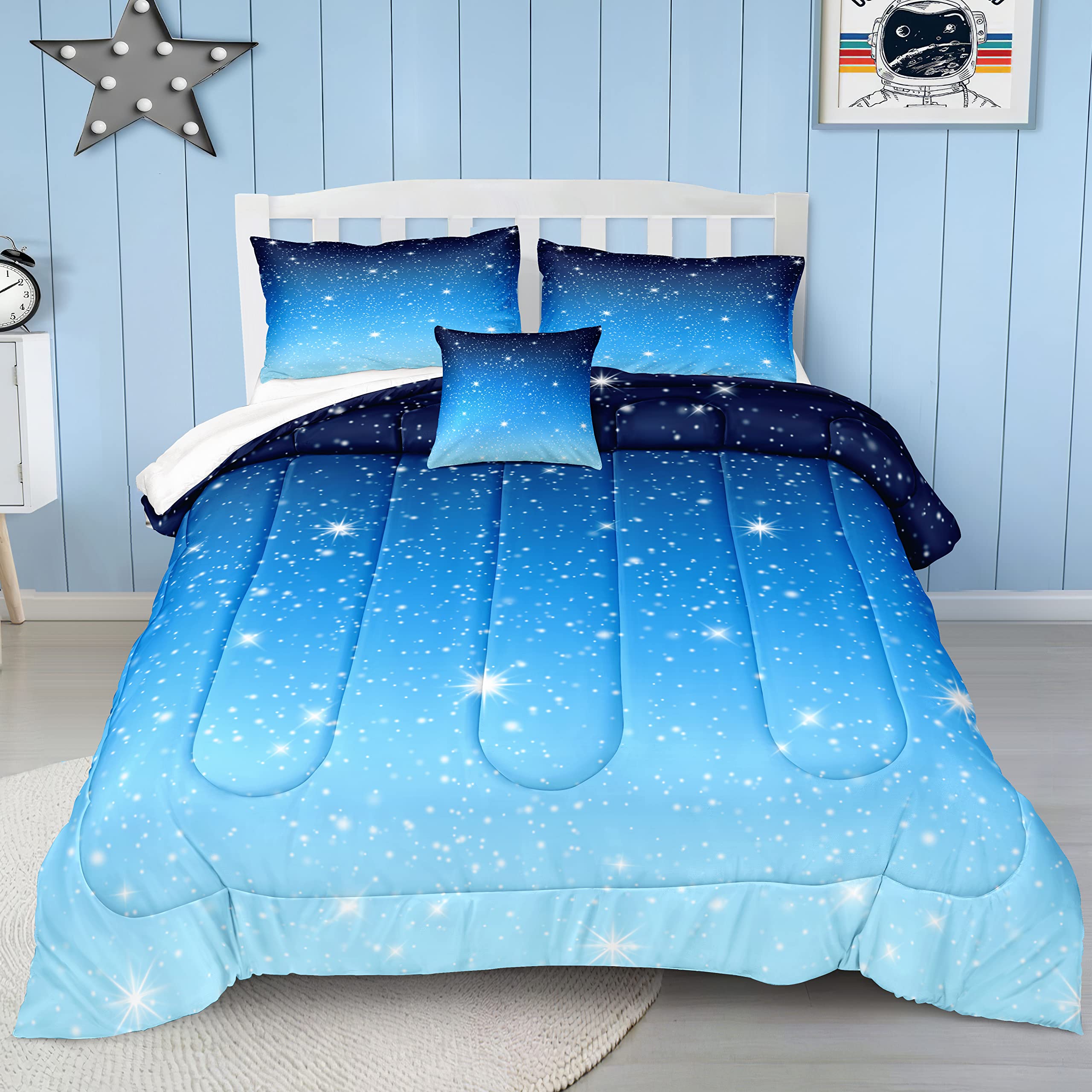 Galaxy Print Queen Size Comforter Set - 4 Piece Soft Microfiber Bedding with Sparkling Stars & Blue Glitter, Kids Bedroom Decor for Boys & Girls - Perfect for Space-Themed Rooms & Sleepovers
