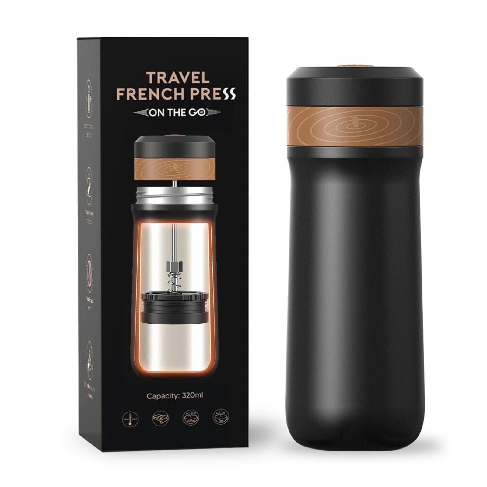 Premium Stainless Steel French Press Coffee Maker - 320ML Portable Travel Mug for Hot & Cold Brew, Vacuum Insulated - Perfect for Camping, Office & On-the-Go Coffee Lovers