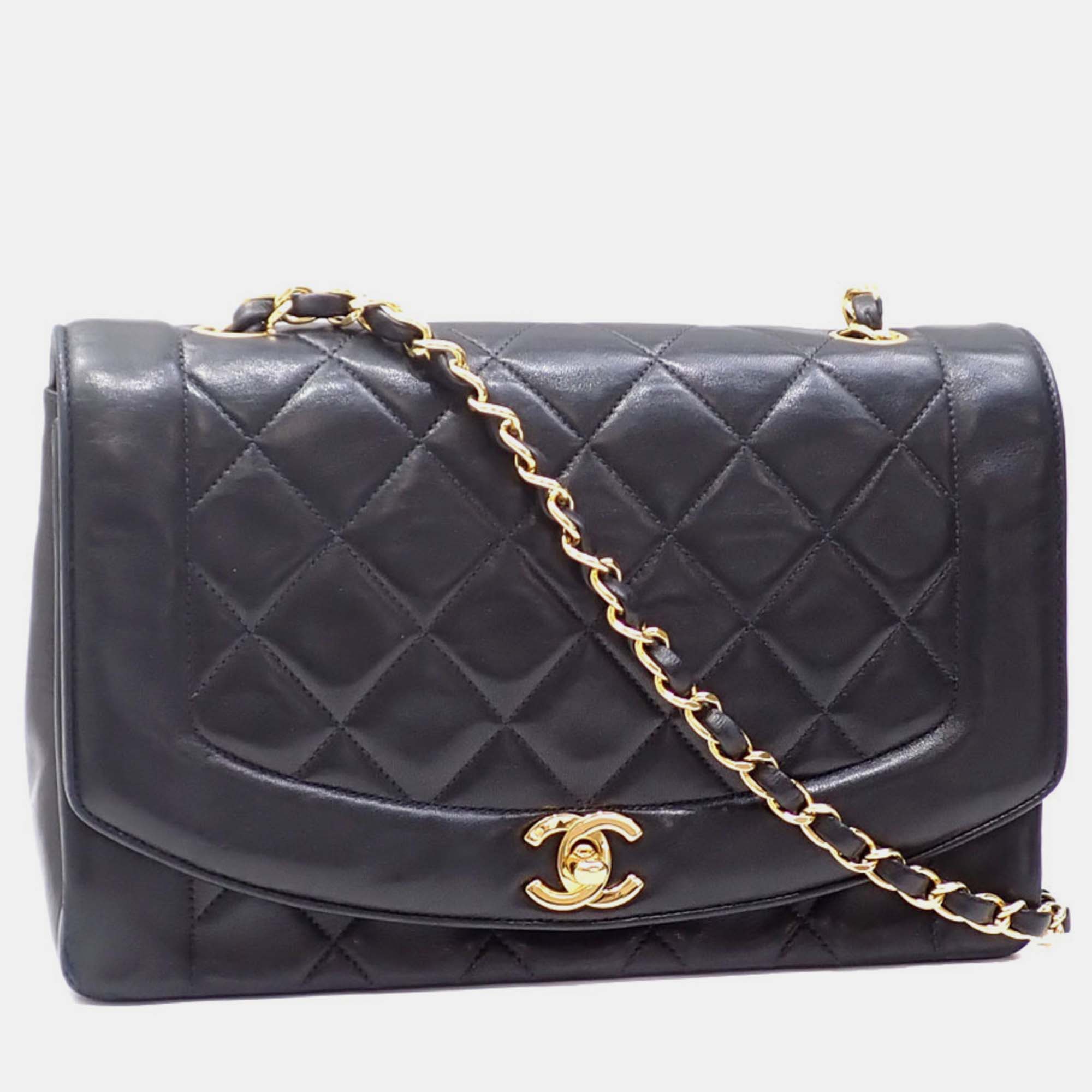 Luxury Black Lambskin Diana Matelasse Coco Mark Chain Shoulder Bag for Women - Elegant Crossbody Purse for Date Night, Party & Special Occasions