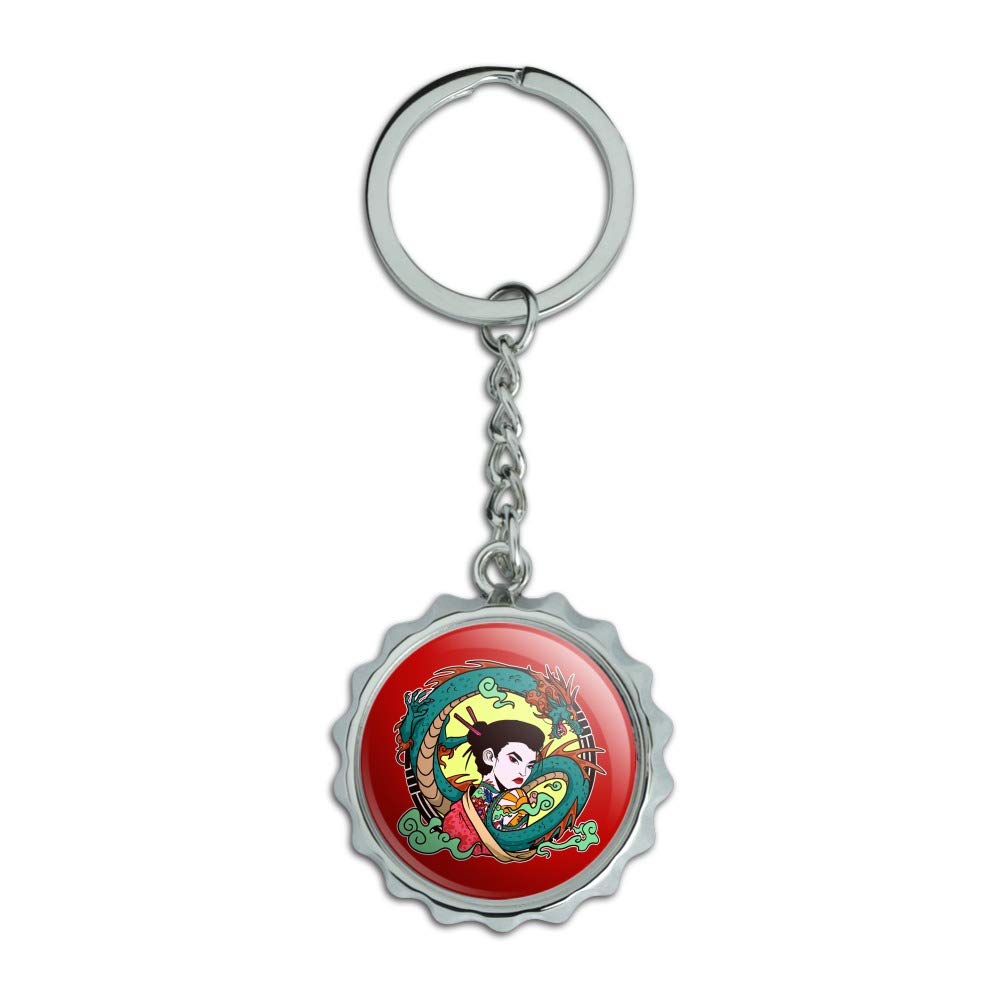 Geisha with The Dragon Tattoo Keychain - Chrome Plated Metal Bottle Opener & Pop Cap - Unique Japanese Style Gift for Beer Lovers, Bar Accessories, Anime Fans & Collectors