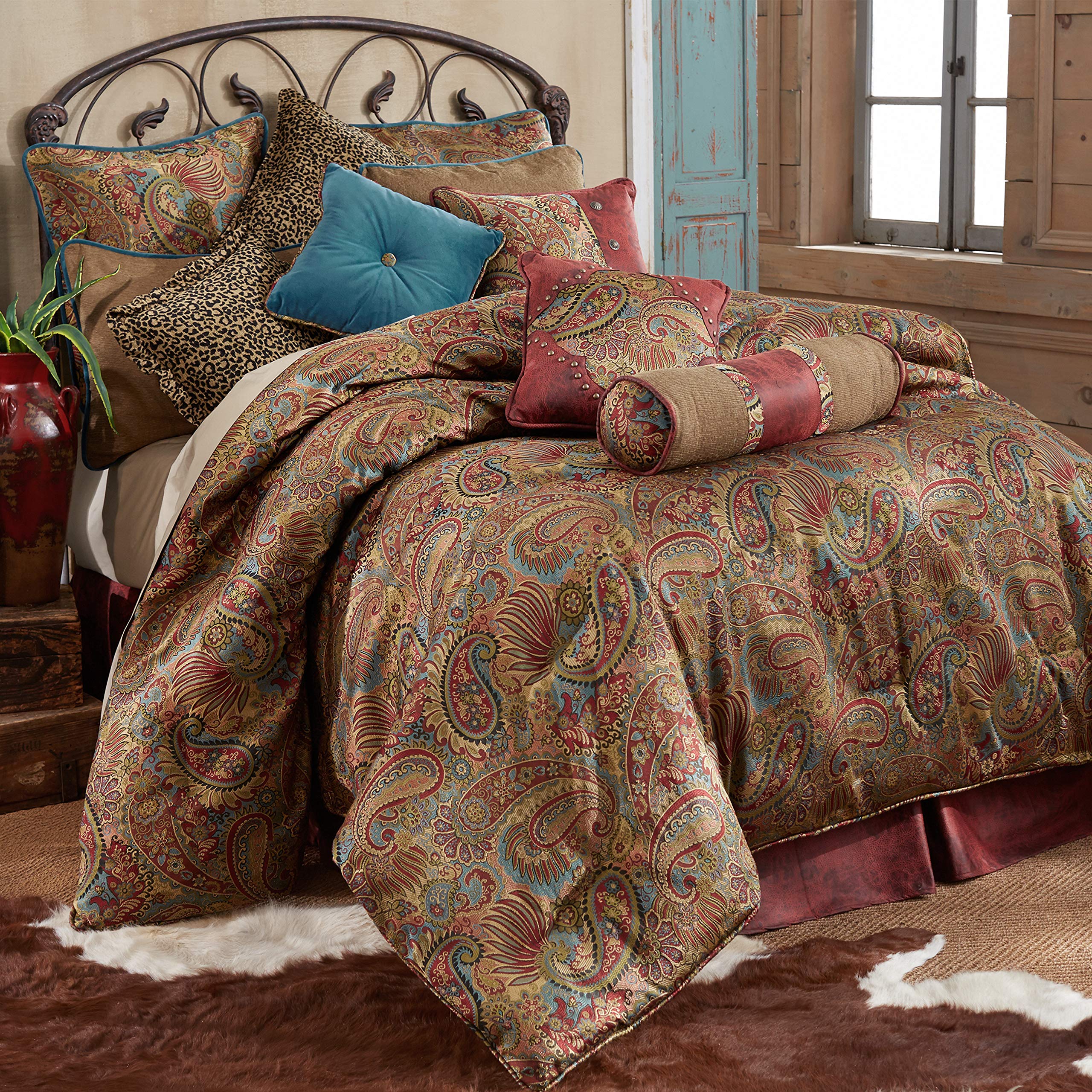 HiEnd Accents San Angelo 4-Piece Super King Comforter Set - Paisley Pattern, Red Bed Skirt, Western Rustic Farmhouse Style (1 Comforter, 1 Bedskirt, 2 Pillow Shams) for Cozy Bedroom Decor & Guest Room Styling