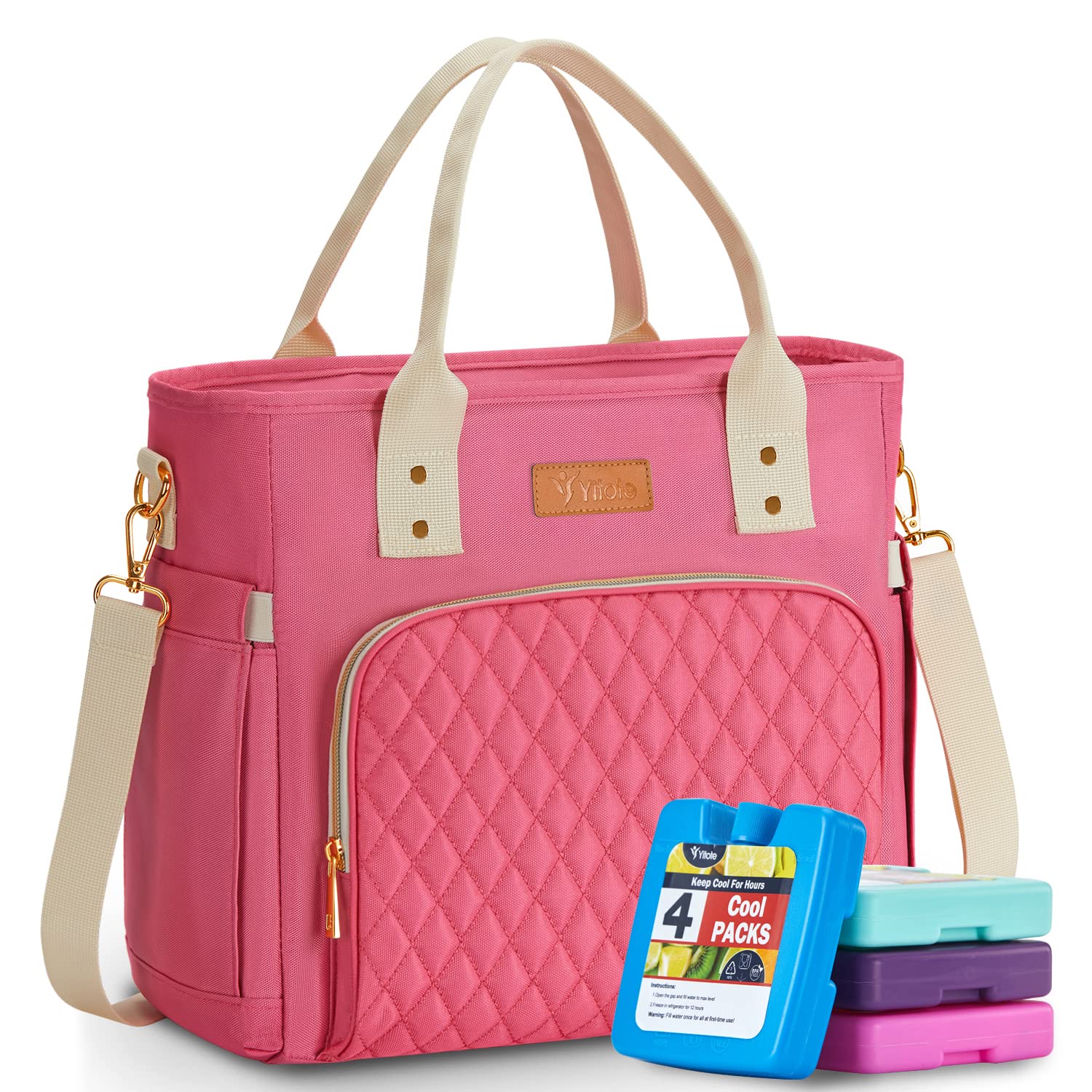 Yitote Insulated Lunch Bag for Women with 4 Ice Packs & Bottle Holder - Adjustable Shoulder Strap, Leakproof Cooler Lunch Box for Work, Office, Camping, Picnic, Travel (Pink)