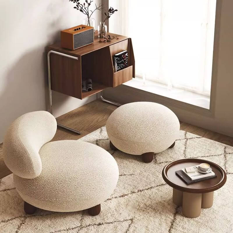 Modern Beige Accent Chair with Ottoman - Solid Color Fixed Back Lounge Chair for Living Room, Bedroom or Office - Comfortable Reading Chair with Footrest