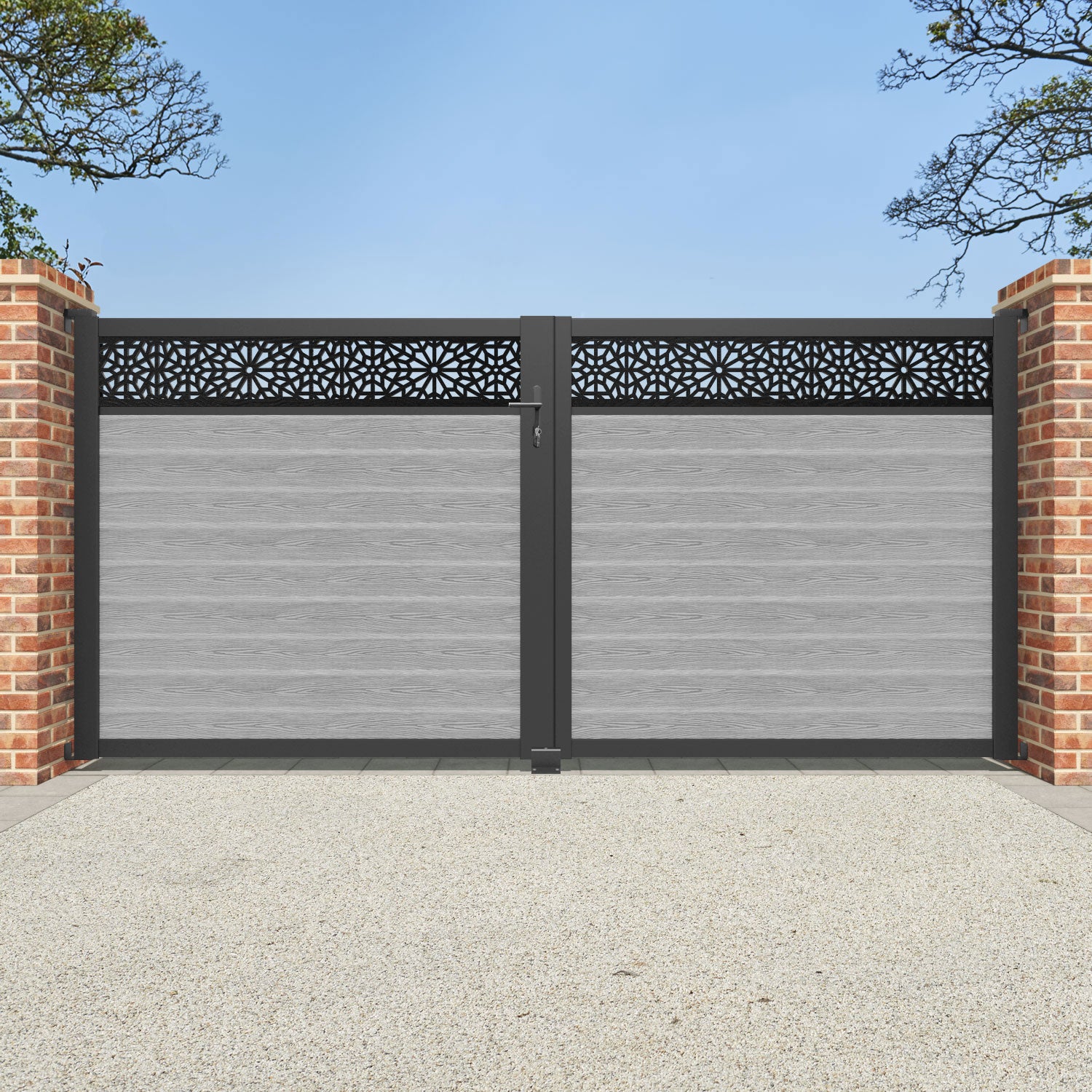 Classic Alnara Straight Top Driveway Gate - Light Grey Powder Coated Steel with Decorative Top Screen | Durable Outdoor Entryway Solution for Homes & Commercial Properties