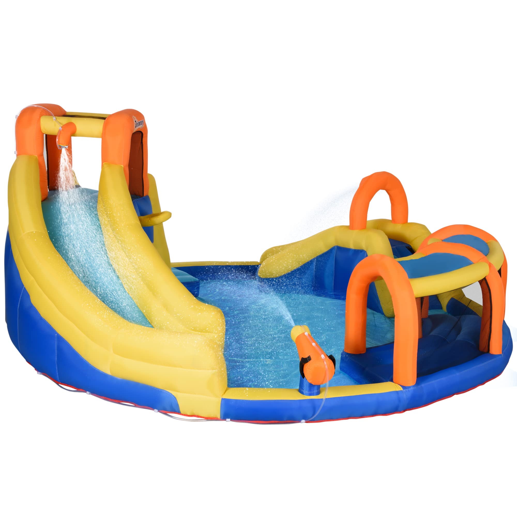 Outsunny 6-in-1 Kids Inflatable Water Slide with Bounce House, Pool, Water Cannon, Climbing Wall, Tunnel & Basketball Hoop - No Air Blower Needed | Backyard Summer Fun, Birthday Party Activities, Outdoor Water Play for Kids Ages 3-12