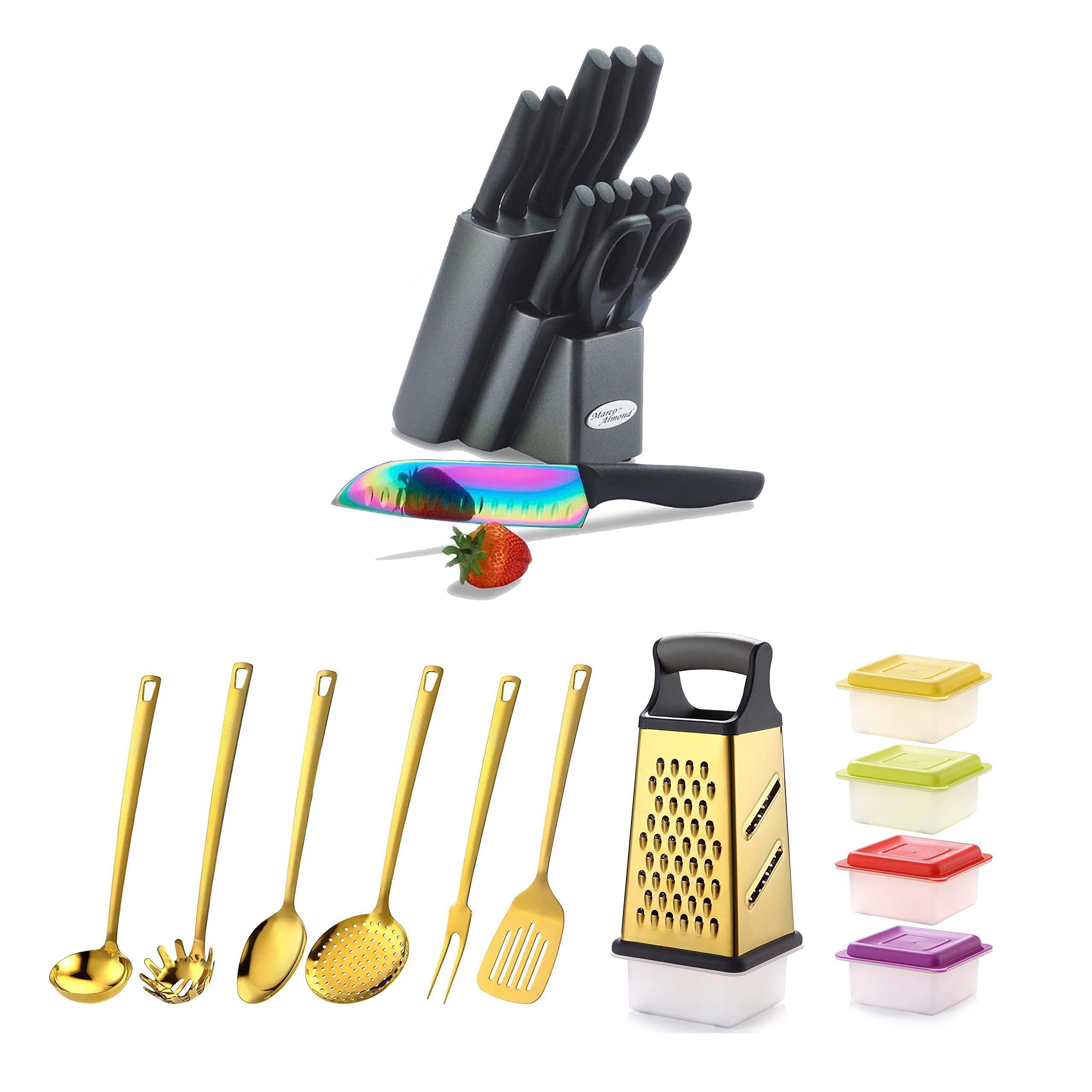 Premium Rainbow Titanium Knife Block Set, Golden Titanium Kitchen Utensil Set & Box Grater - Dishwasher Safe Cutlery Collection for Professional Chefs & Home Cooking - Perfect for Meal Prep, Slicing, Grating & Cooking