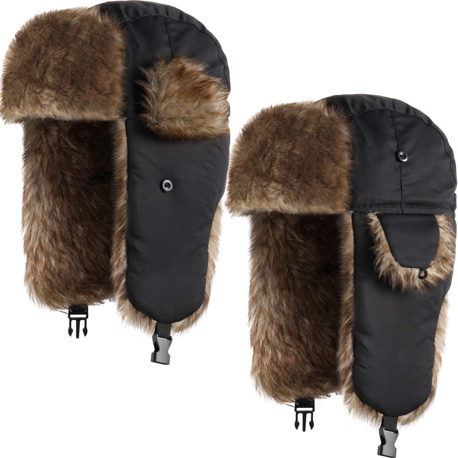 2 Pairs Russian Trapper Ushanka Hats with Ear Flaps - Winter Fur Bomber Hats for Men & Women - Windproof Cold Weather Hats for Snowboarding, Skiing, and Outdoor Activities