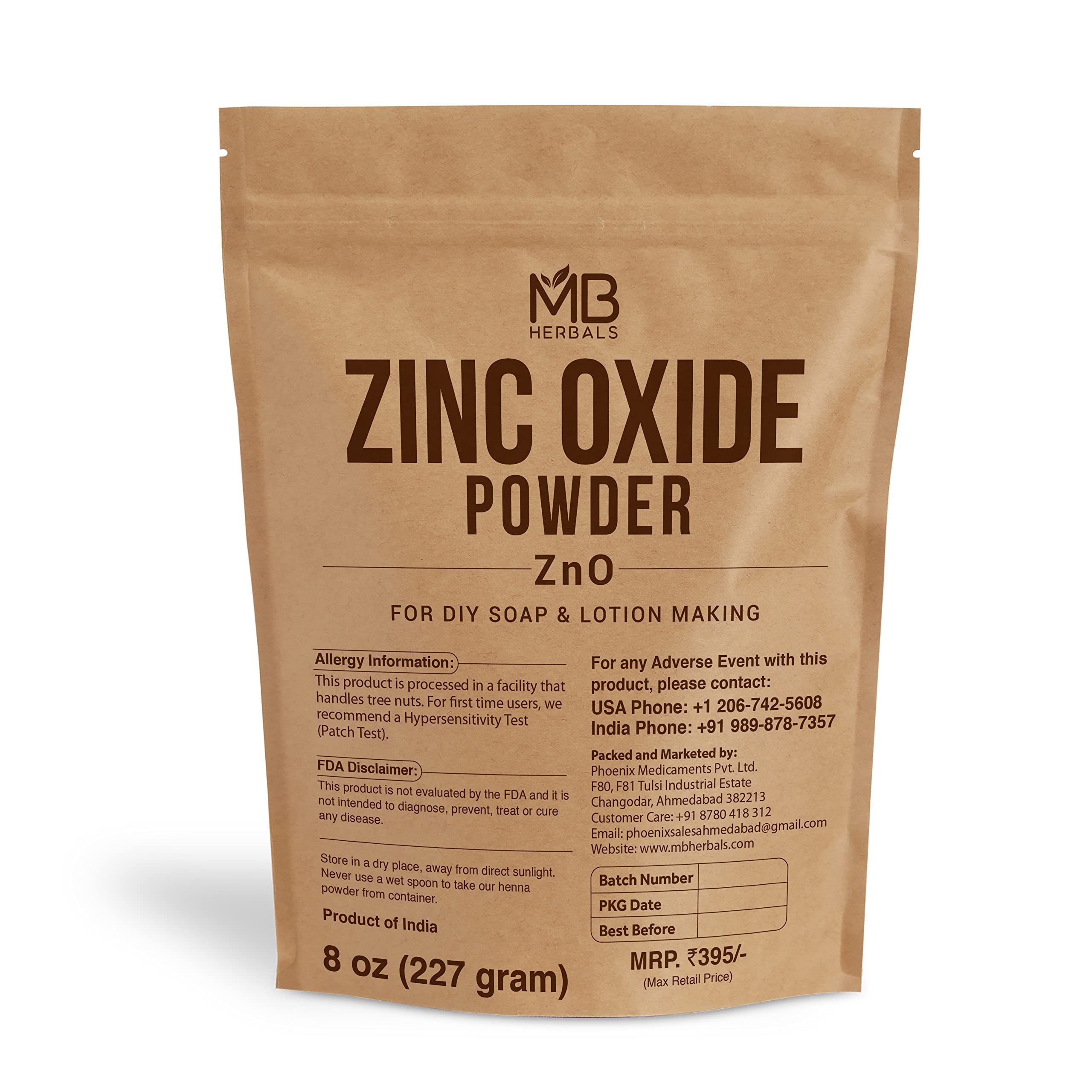 MB Herbals Zinc Oxide Powder 227g - Natural Sunscreen, DIY Face Mask, Soap & Lotion Making - Perfect for Skincare, Sun Protection & Cosmetic Formulations