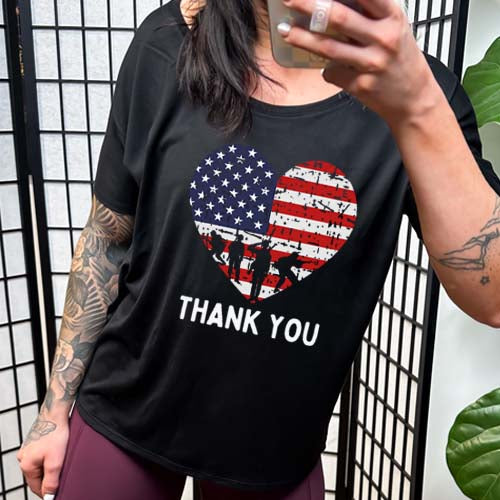 Thank You Flag Heart Slouchy Tee - Comfortable Casual T-Shirt for Women | Perfect for Relaxing, Lounging & Showing Patriotism