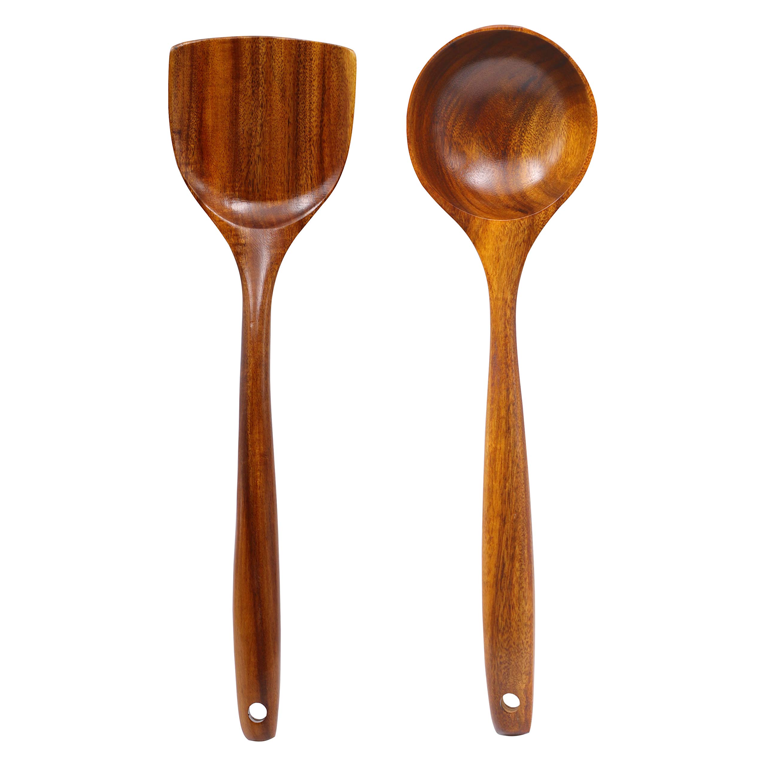 Premium Teak Wooden Wok Spatula Set - 14 Inch Long Handle Cooking Utensil for Stir Fry, Sauteing & Asian Cuisine - Durable Natural Wood Kitchen Tool for Woks, Pans & Non-Stick Cookware