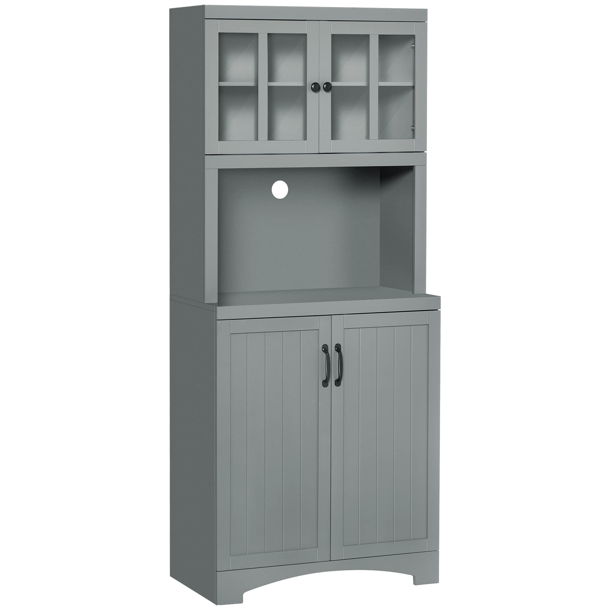 HOMCOM Kitchen Hutch with Glass Door, Pantry Cabinet with Adjustable Shelves & Microwave Space - Gray Dining Room Storage for Small Spaces & Apartment Living