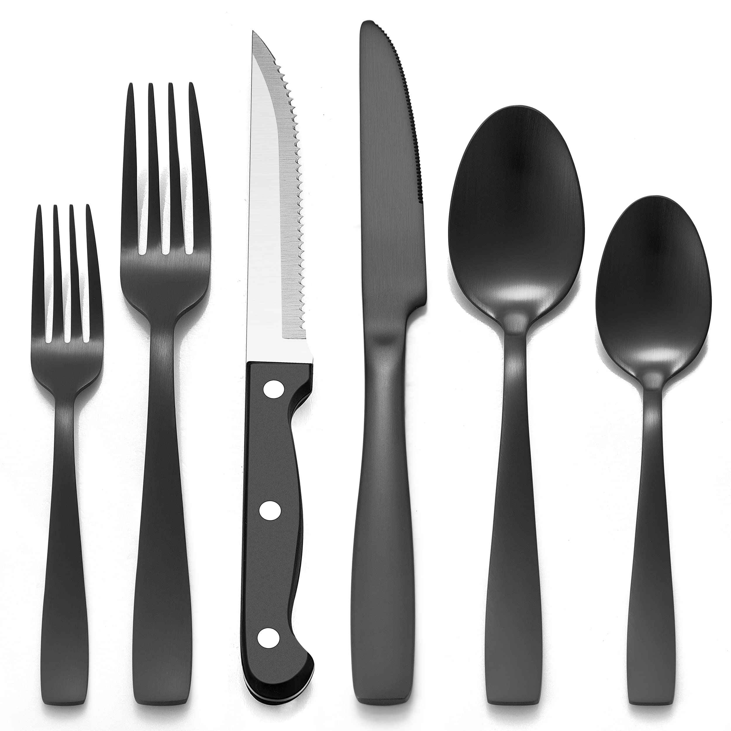 48-Piece Stainless Steel Flatware Set - Black Silverware with Steak Knives for 8, Elegant Square Cutlery Set for Restaurant & Wedding (Satin Finish, Dishwasher Safe) - Perfect for Fine Dining, Dinner Parties, and Special Occasions